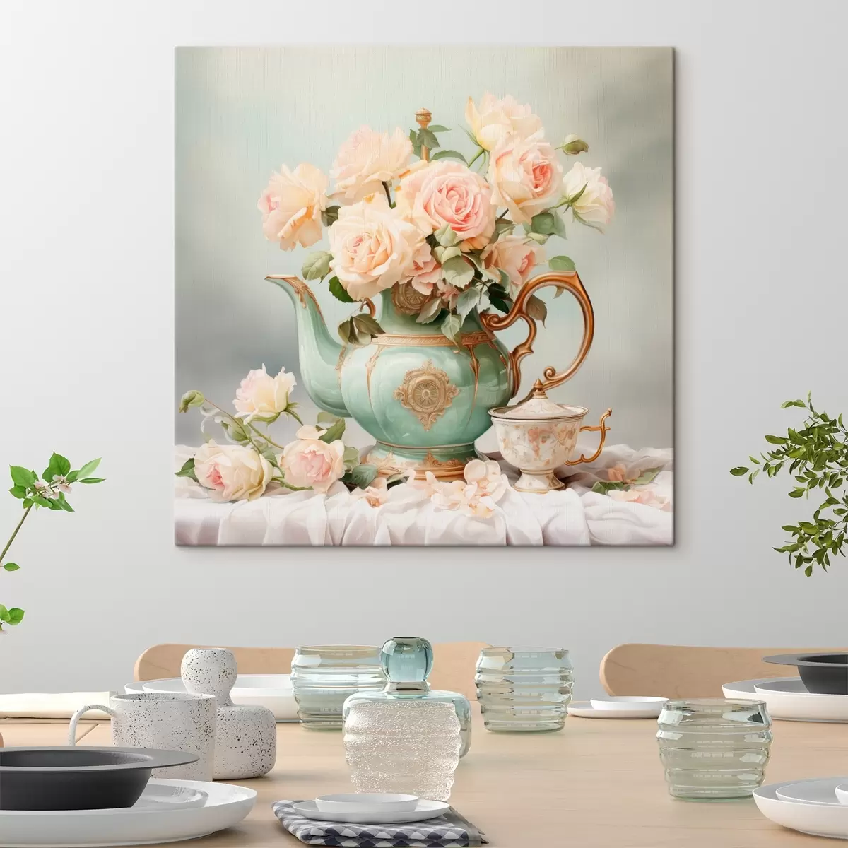 Tableau Nature morte avec des roses délicates dans un service à thé s45045