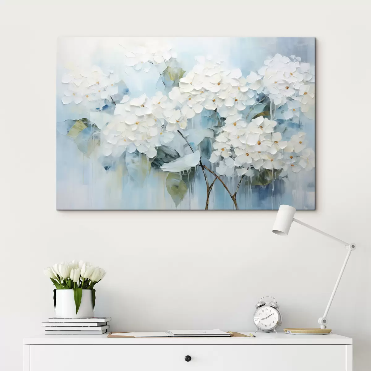 Tableau Hortensias blancs en fleurs dans le style de la peinture à l'huile s45051