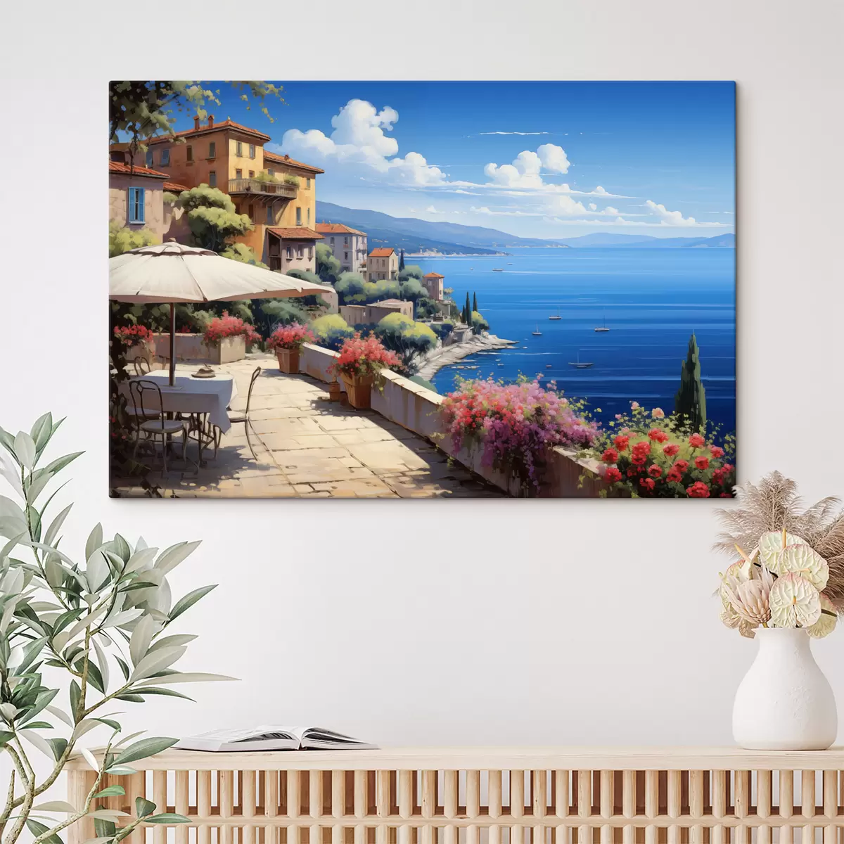 Tableau Paysage méditerranéen avec terrasse fleurie dans un style artistique s45053