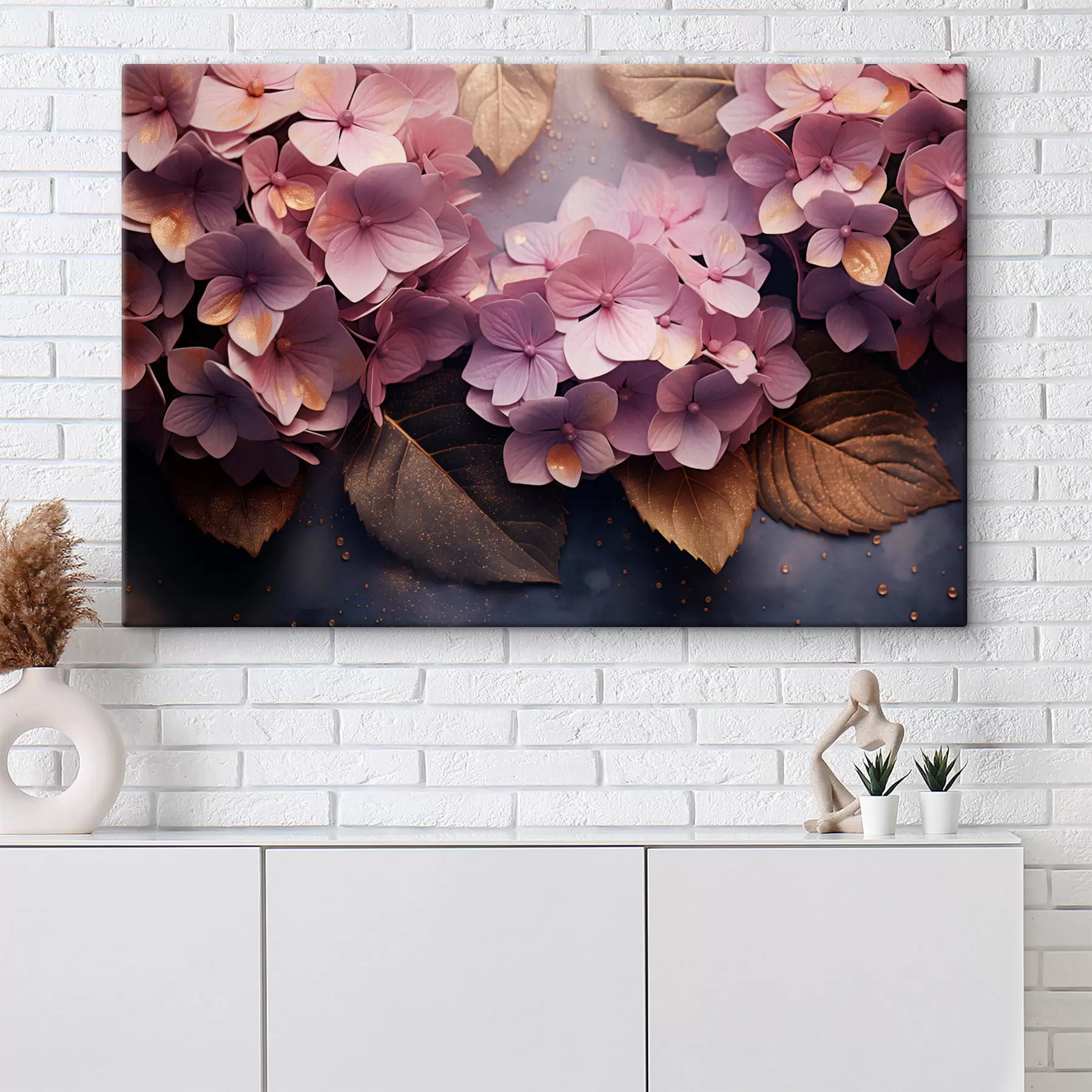 Tableau Hortensias roses luxuriants sur un fond sombre dans un style pictural s45054