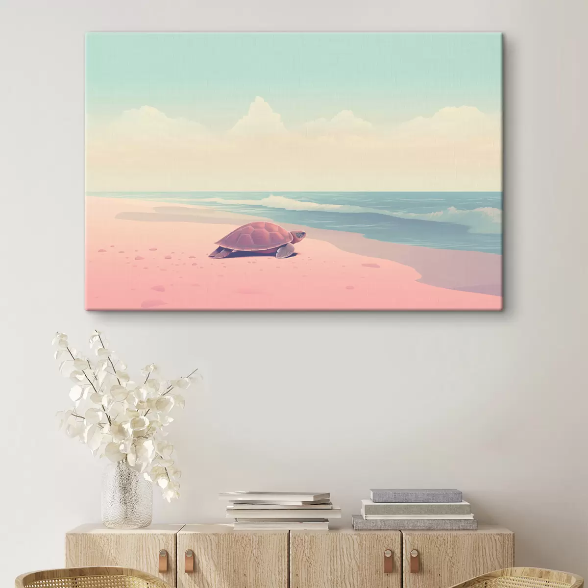 Tableau Tortue de mer sur une plage rose : paysage minimaliste s45059