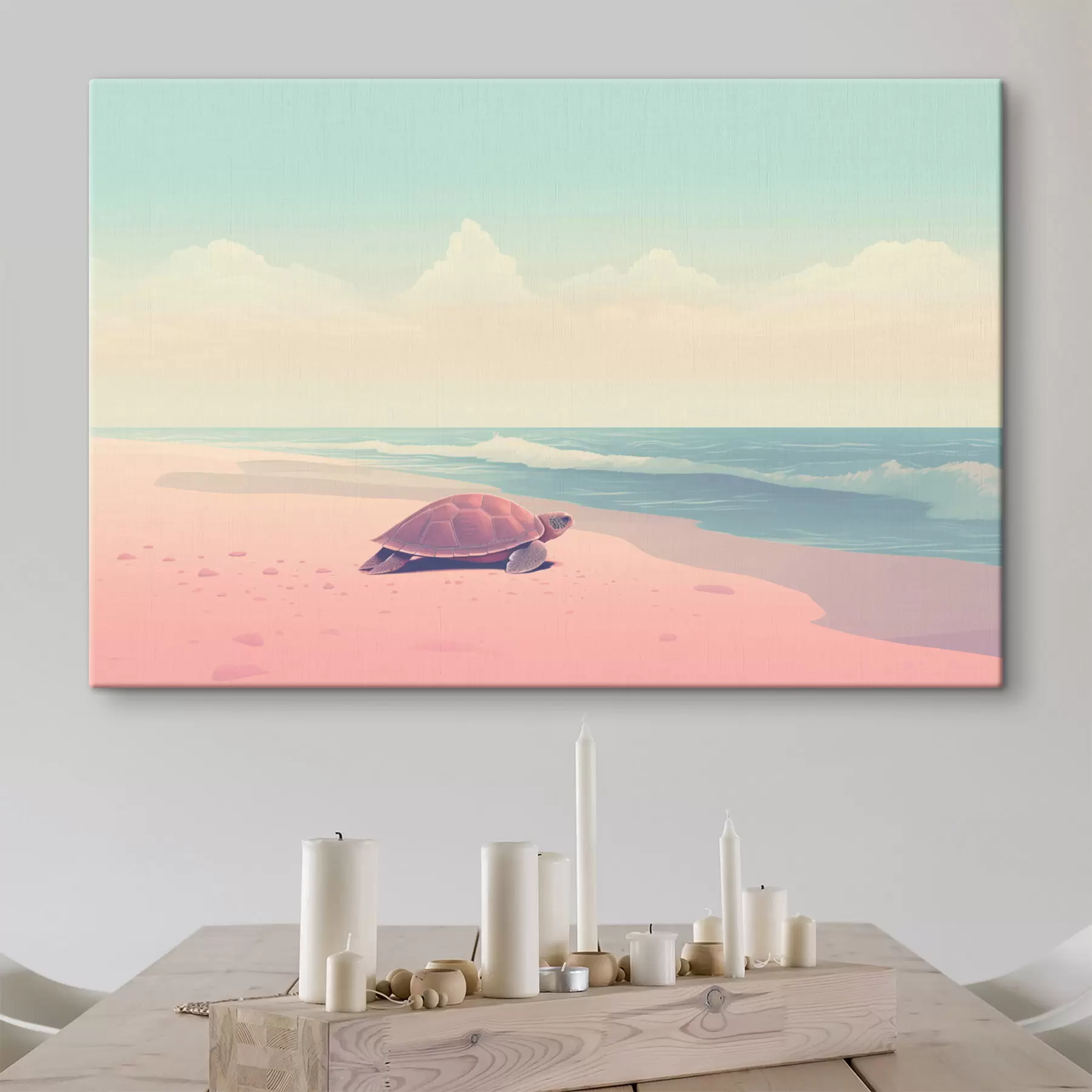 Tableau Tortue de mer sur une plage rose : paysage minimaliste s45059