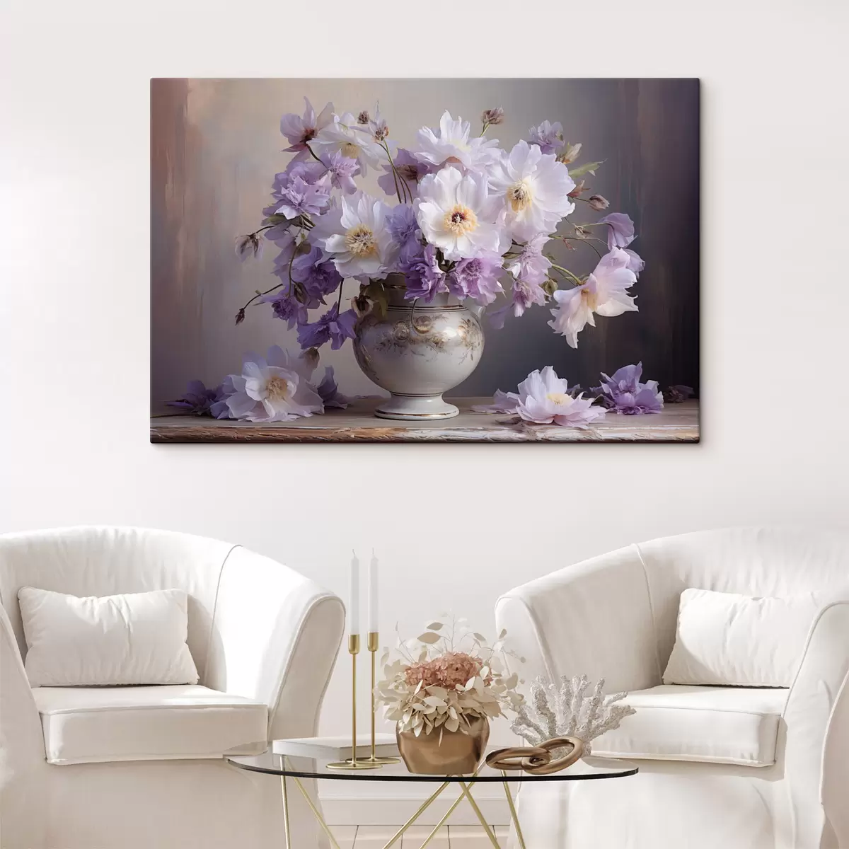 Tableau Nature morte florale : fleurs blanches et violettes dans un style artistique s45058