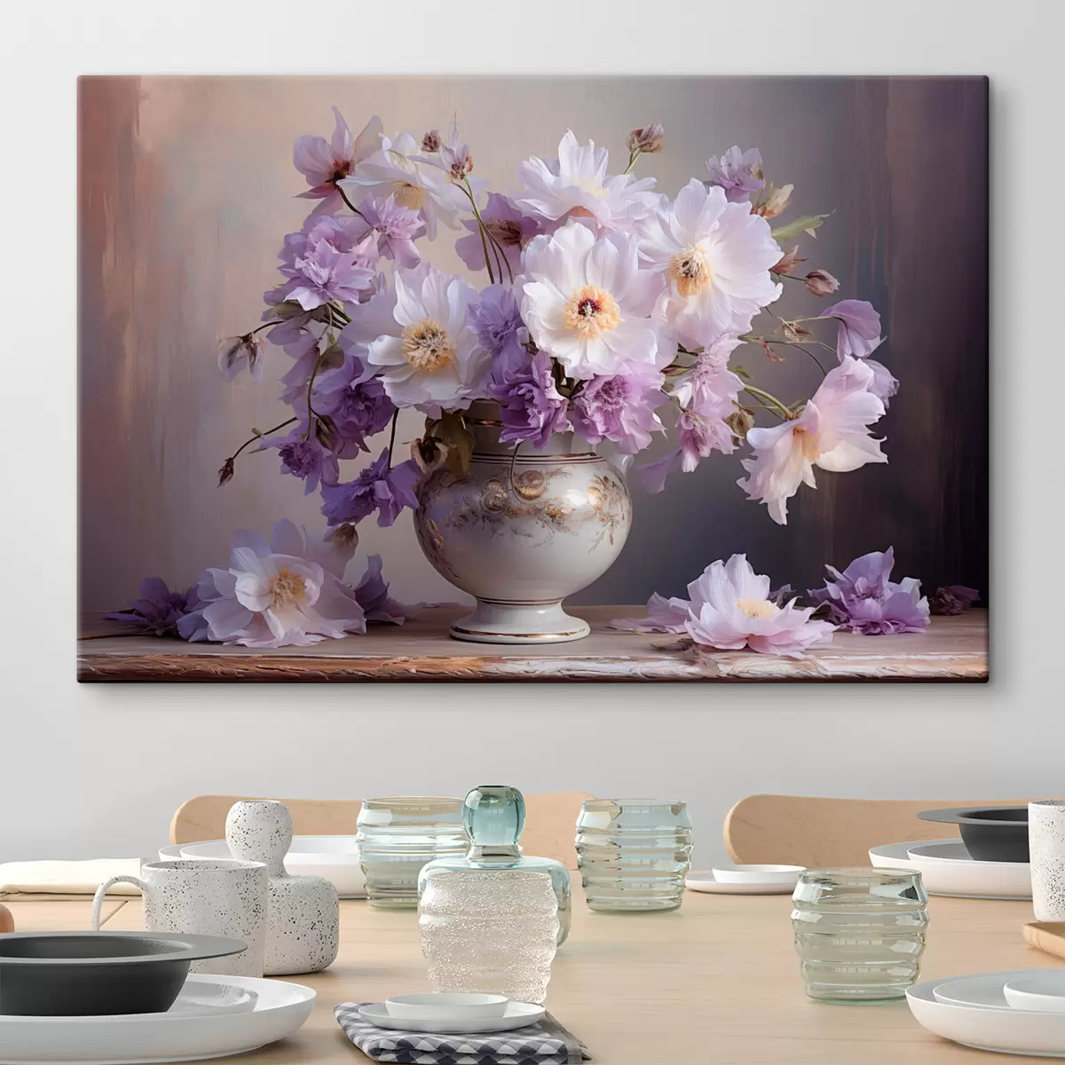 Tableau Nature morte florale : fleurs blanches et violettes dans un style artistique s45058