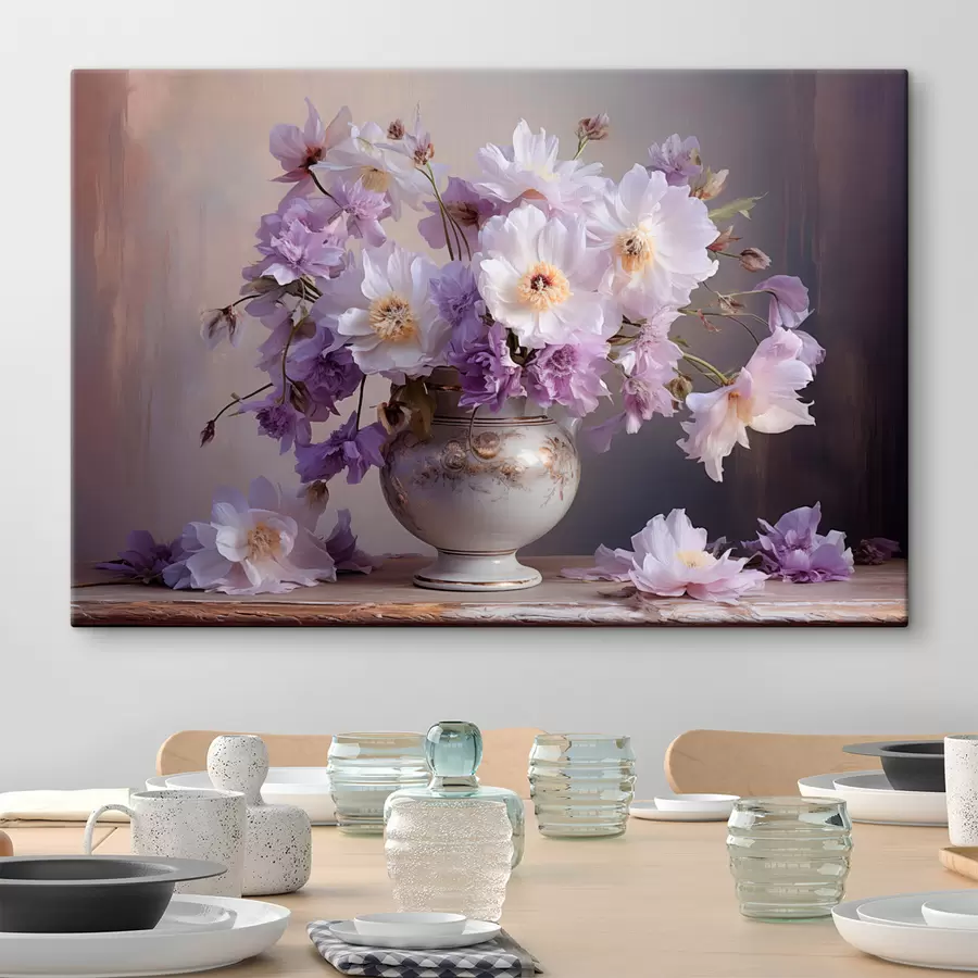 Tableau Nature morte florale : fleurs blanches et violettes dans un style artistique s45058