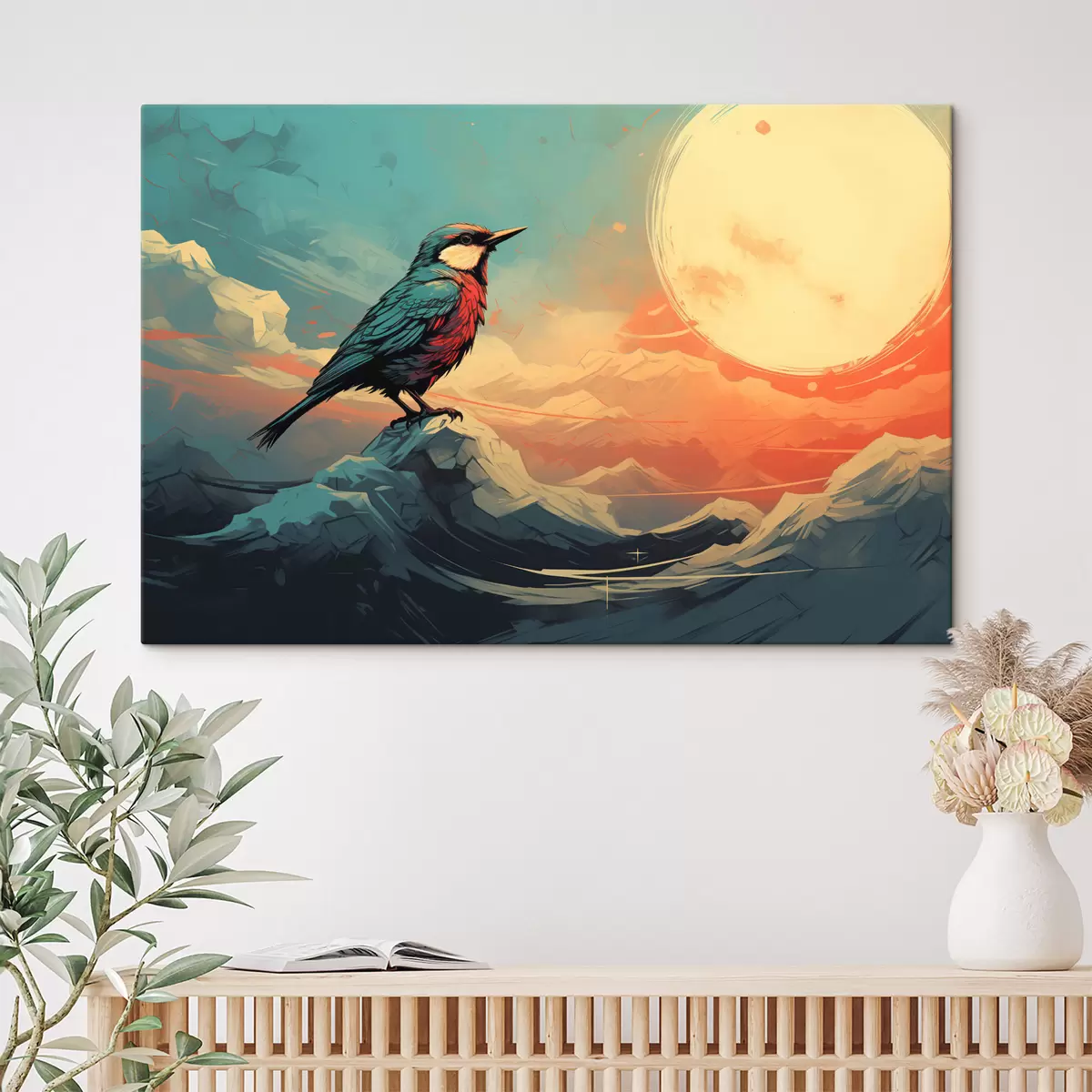 Tableau Paysage artistique avec oiseau et ciel vibrant s45060