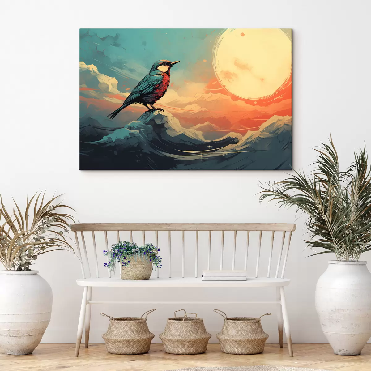 Tableau Paysage artistique avec oiseau et ciel vibrant s45060