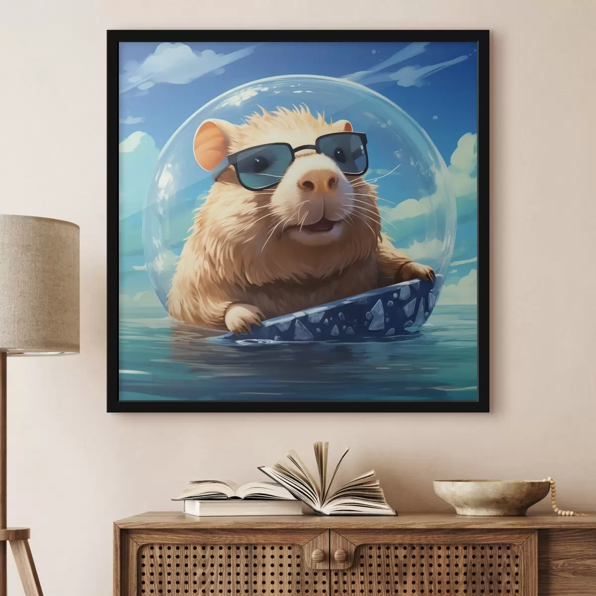 Poster Capybara joyeux dans une bulle transparente sur l'eau f45029