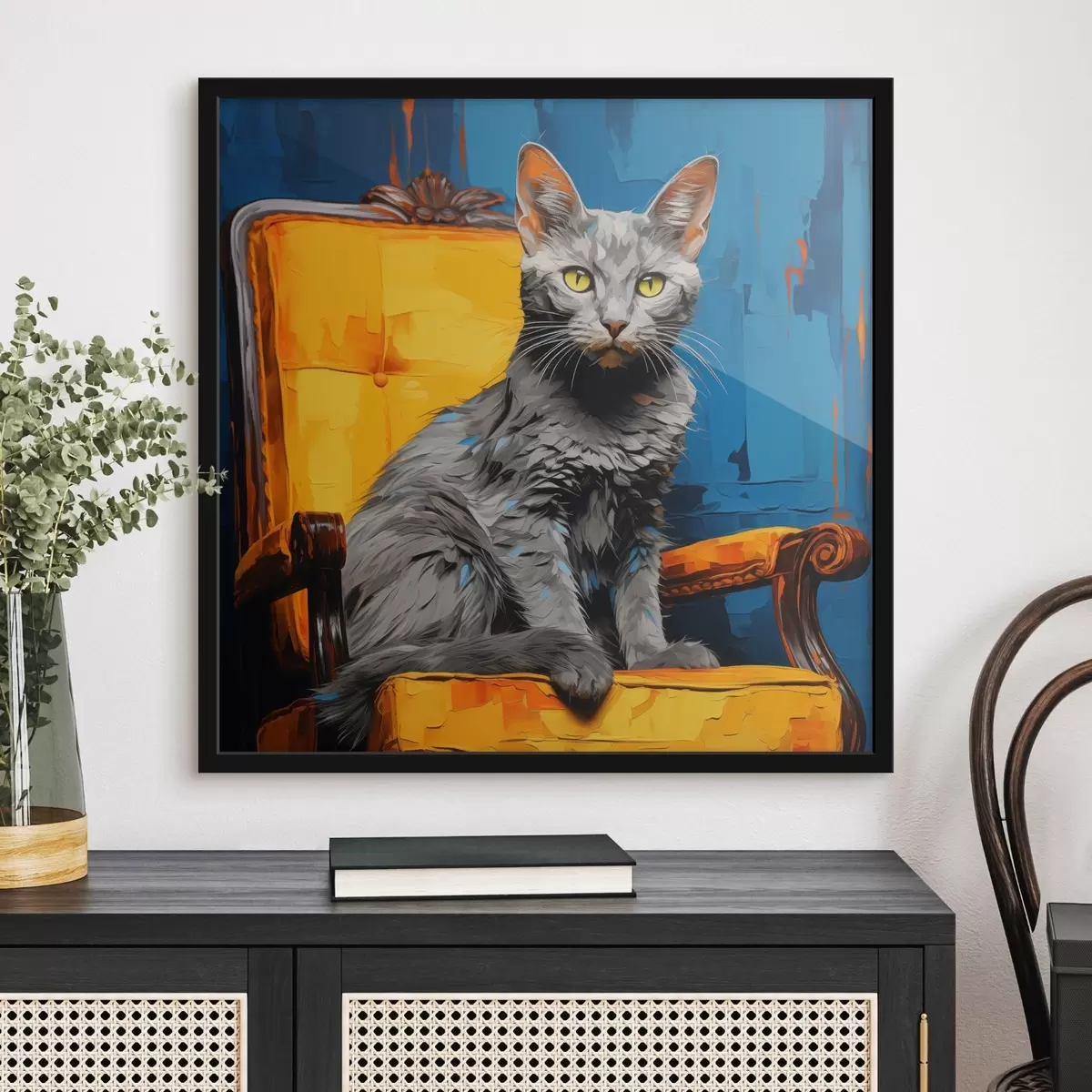 Poster Portrait artistique de chat sur fond bleu f45030