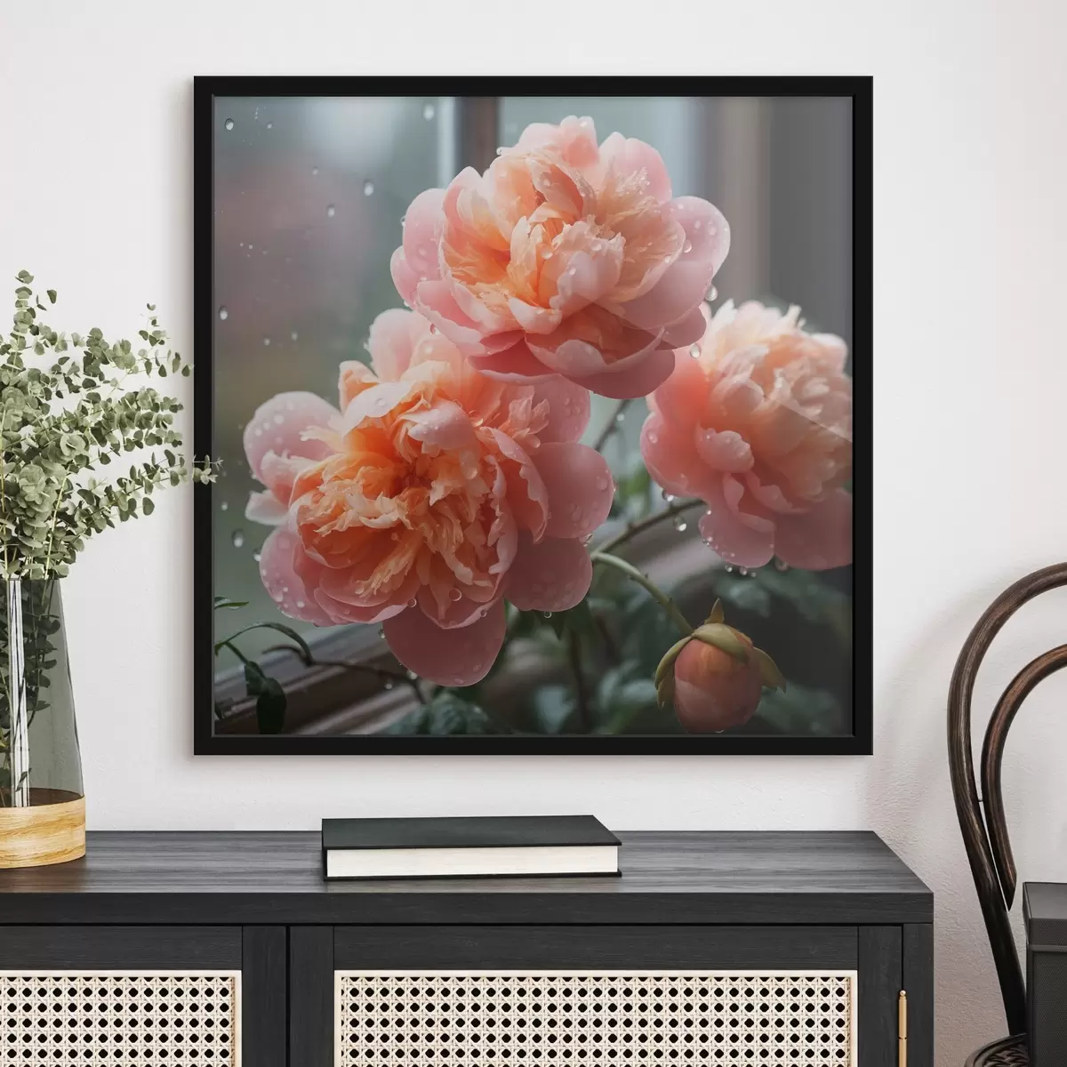 Poster Trois pivoines avec la rosée dans la lumière du matin f45033