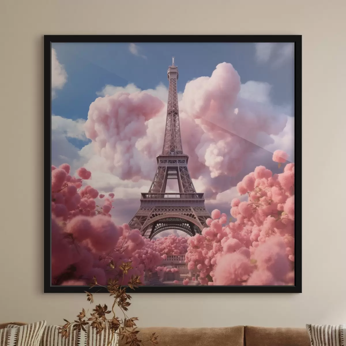 Poster Tour Eiffel dans des nuages roses en style fantaisiste f45036