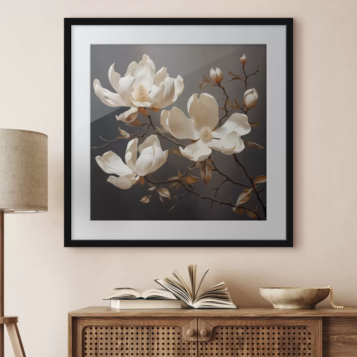 Poster Magnolias blancs sur fond sombre dans un style pictural f45038