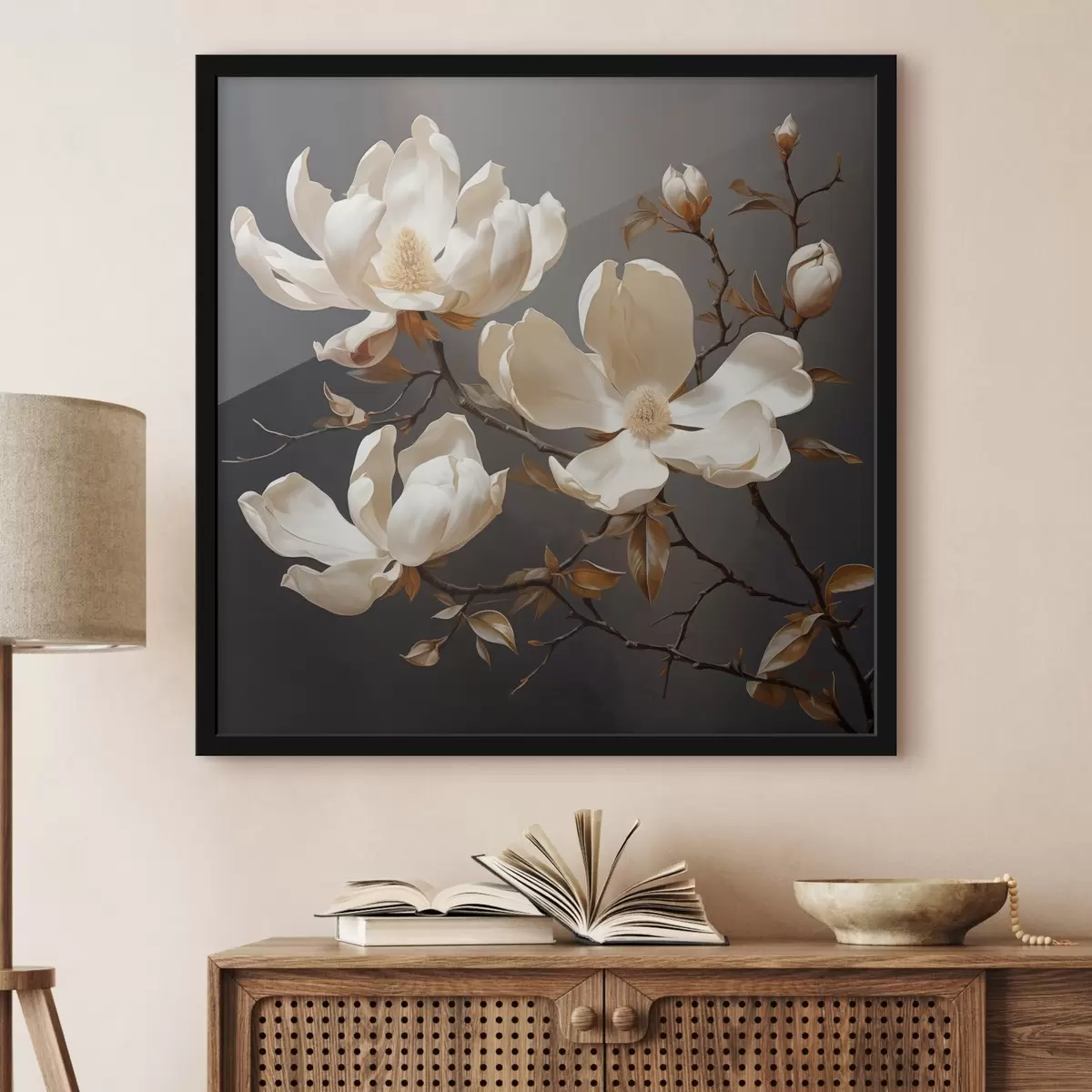 Poster Magnolias blancs sur fond sombre dans un style pictural f45038