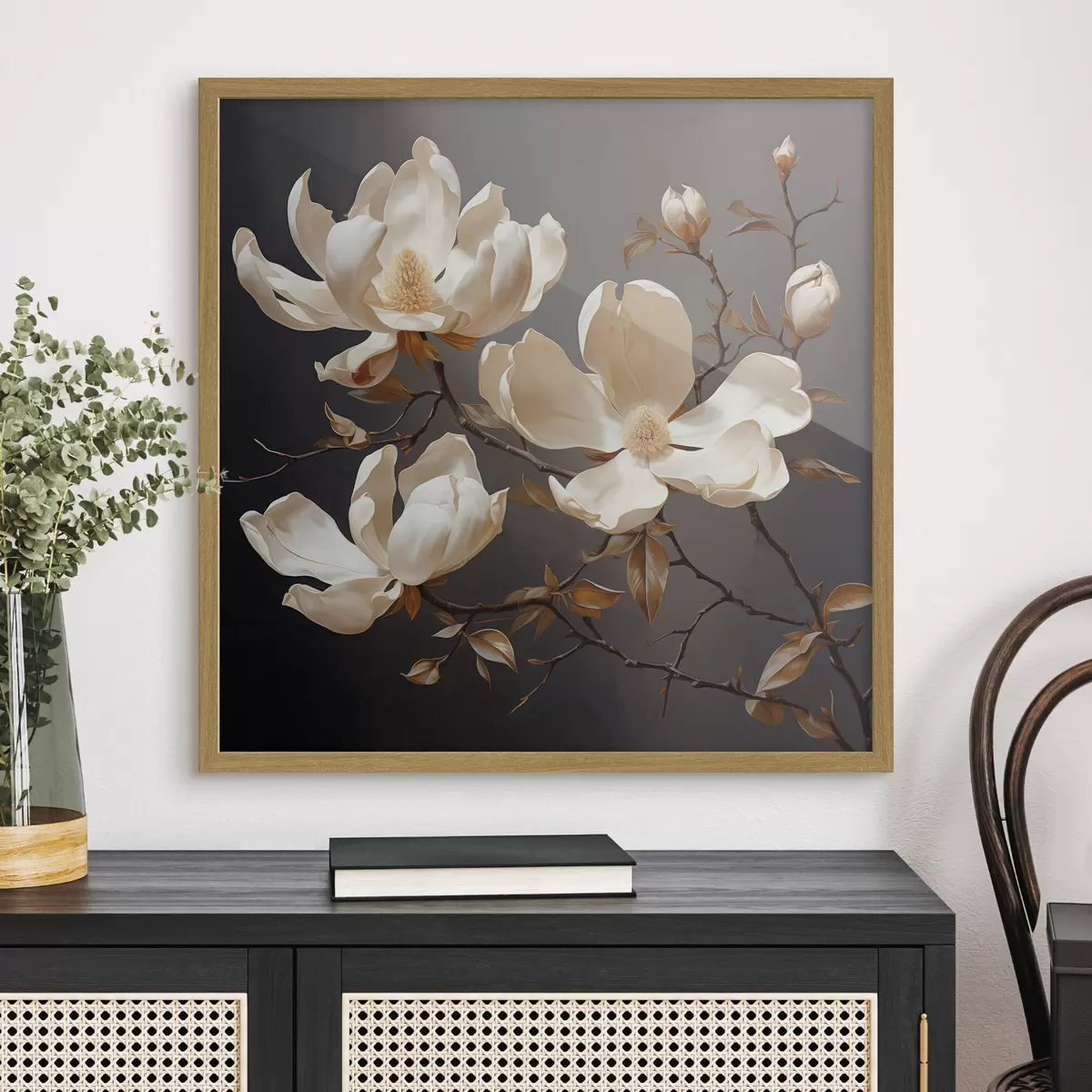 Poster Magnolias blancs sur fond sombre dans un style pictural f45038