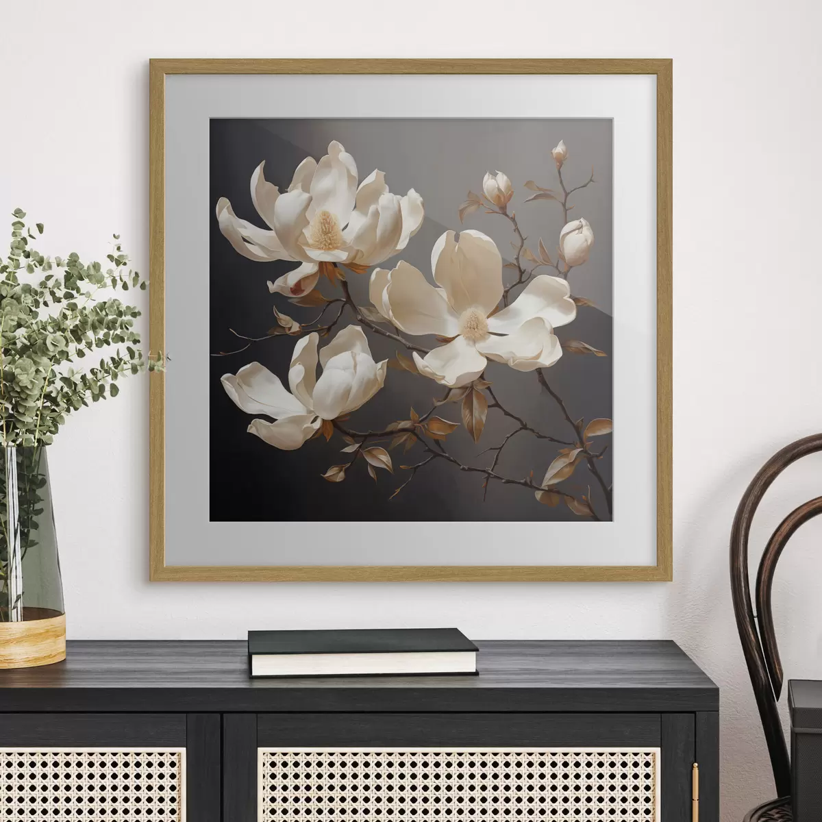 Poster Magnolias blancs sur fond sombre dans un style pictural f45038