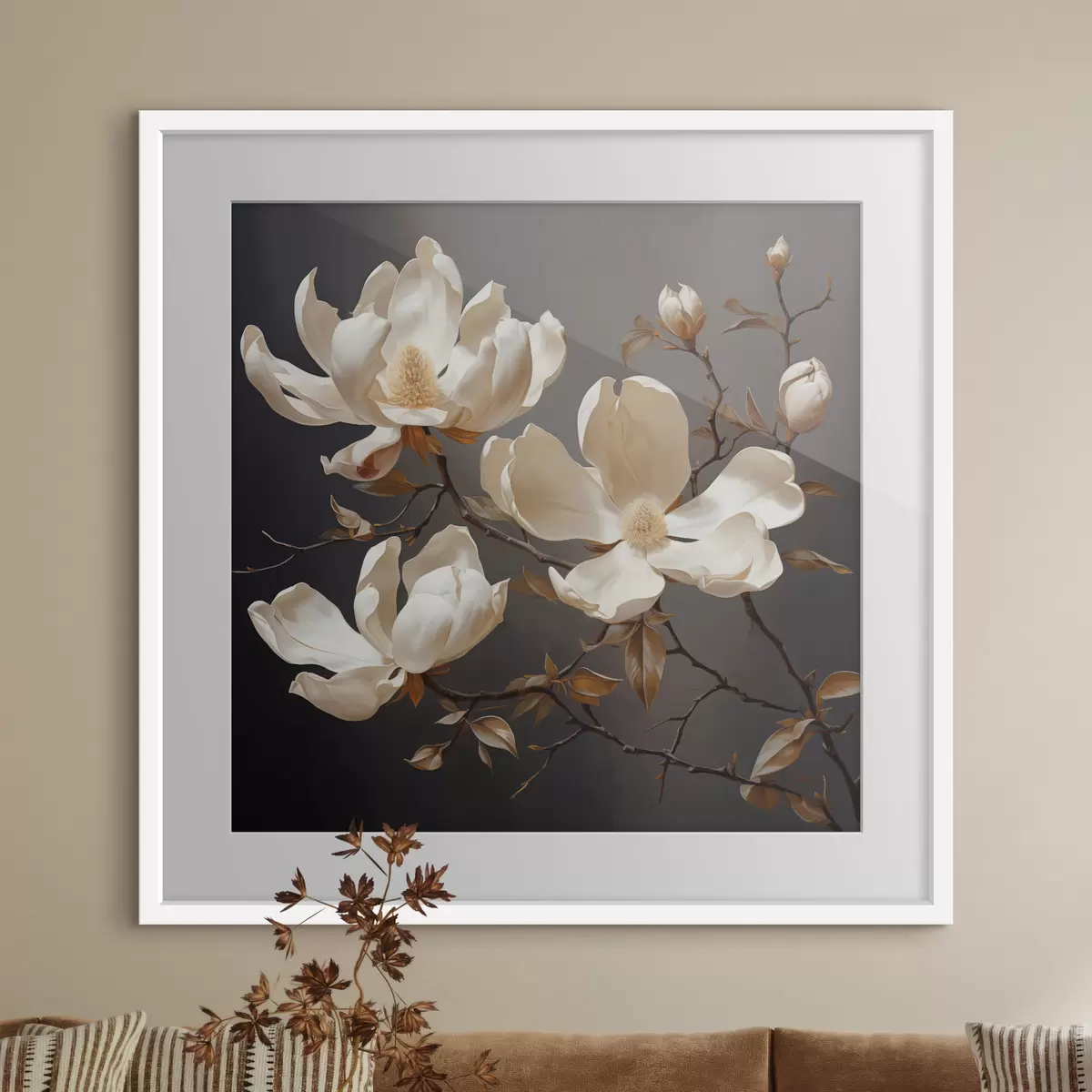 Poster Magnolias blancs sur fond sombre dans un style pictural f45038