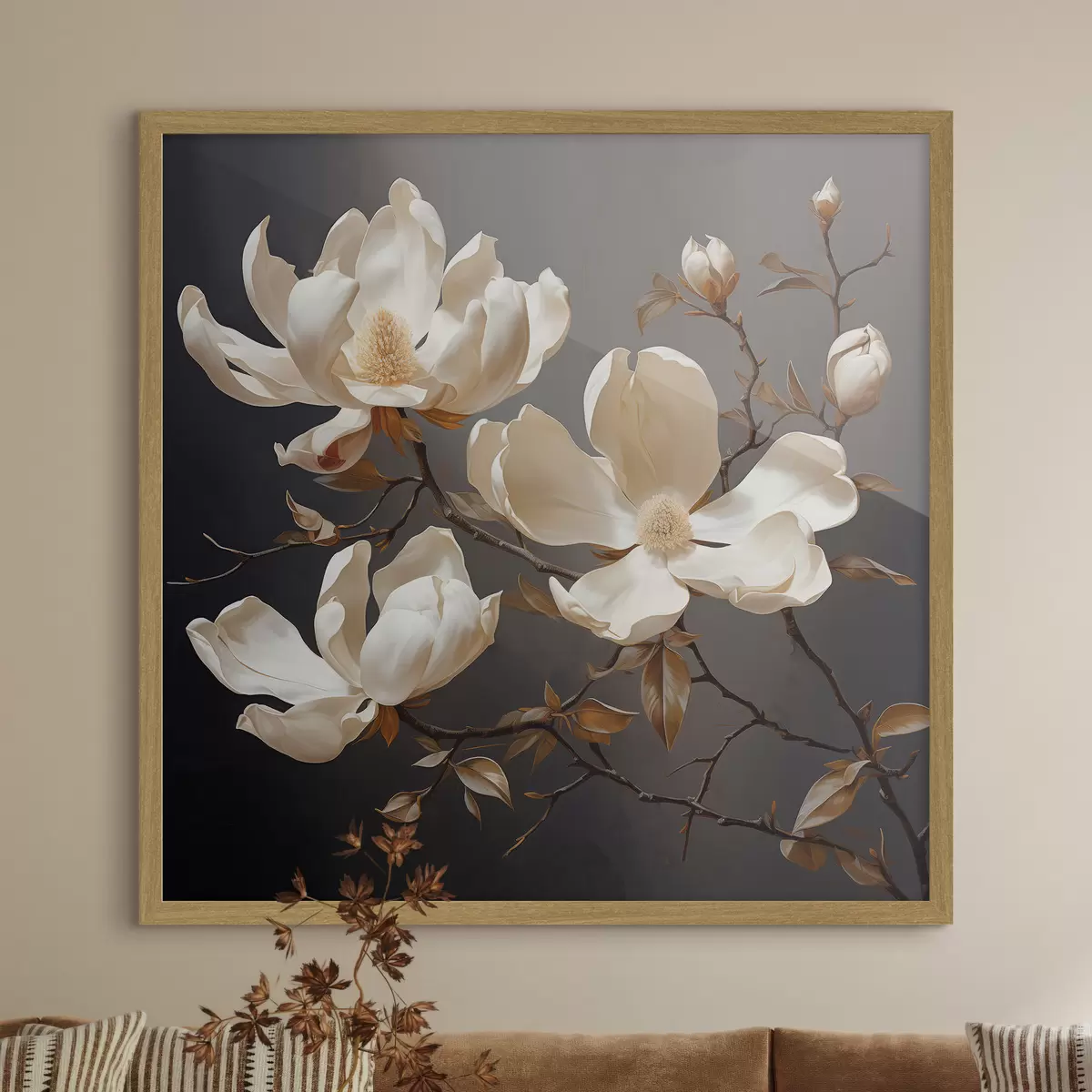 Poster Magnolias blancs sur fond sombre dans un style pictural f45038