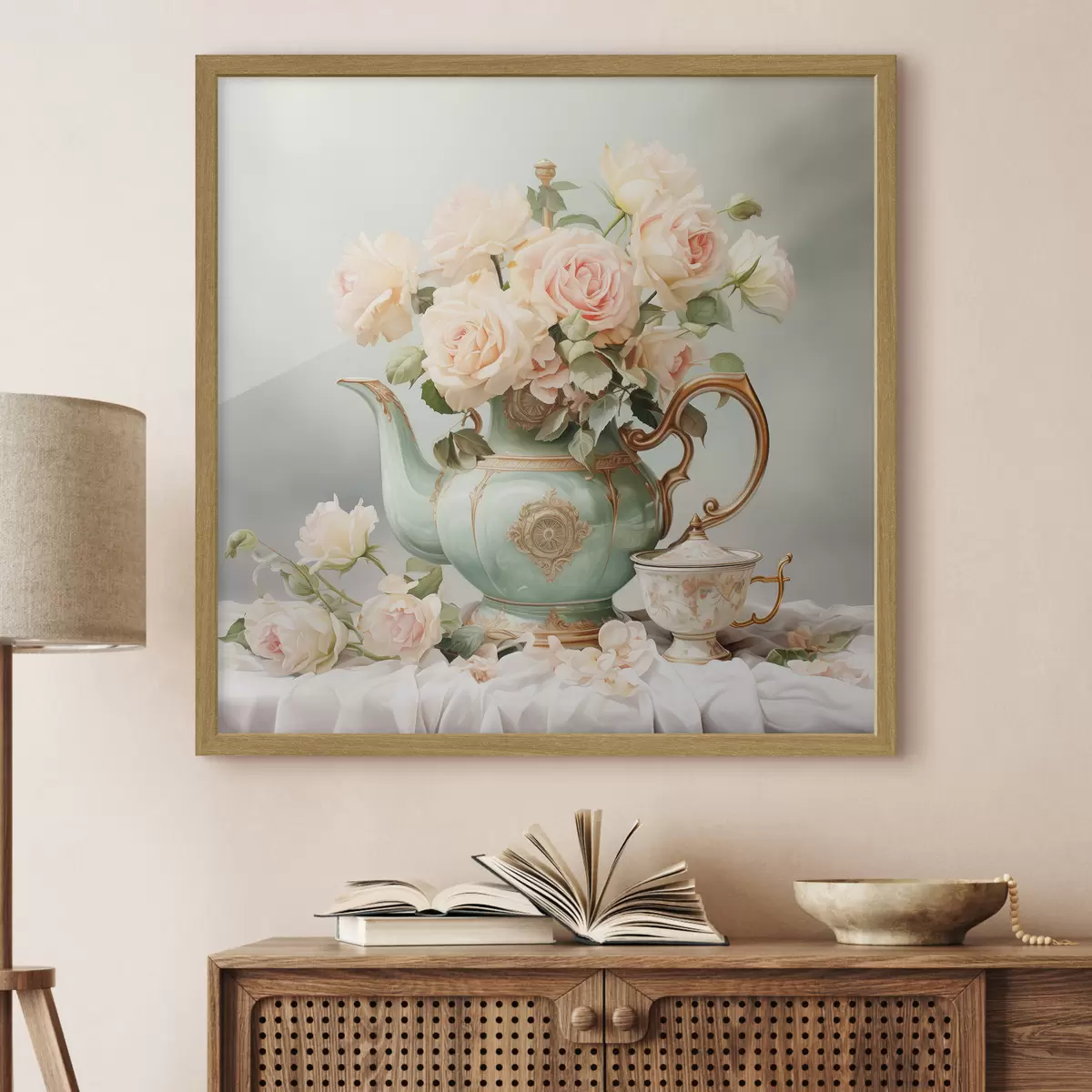 Poster Nature morte avec des roses délicates dans un service à thé f45045