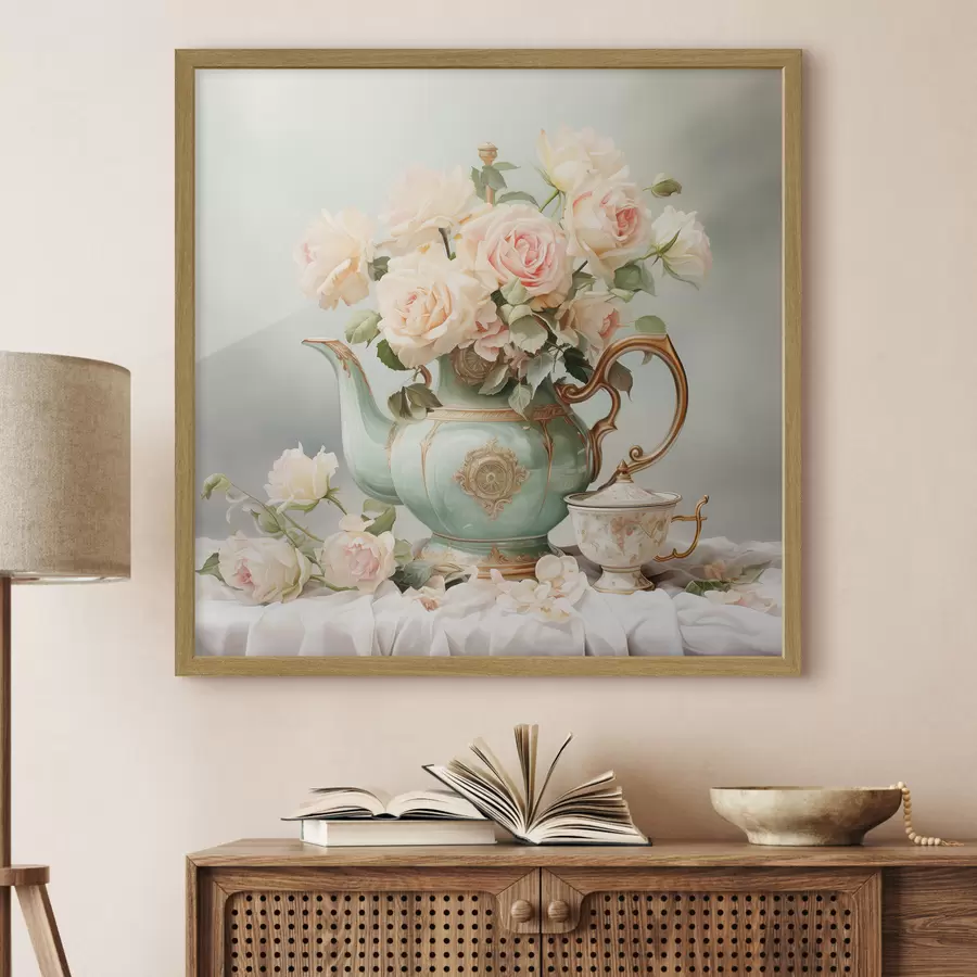 Papier peint Nature morte avec des roses délicates dans un service à thé f45045