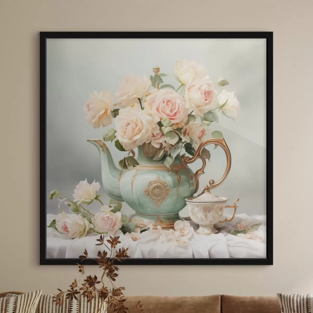 Poster Nature morte avec des roses délicates dans un service à thé f45045