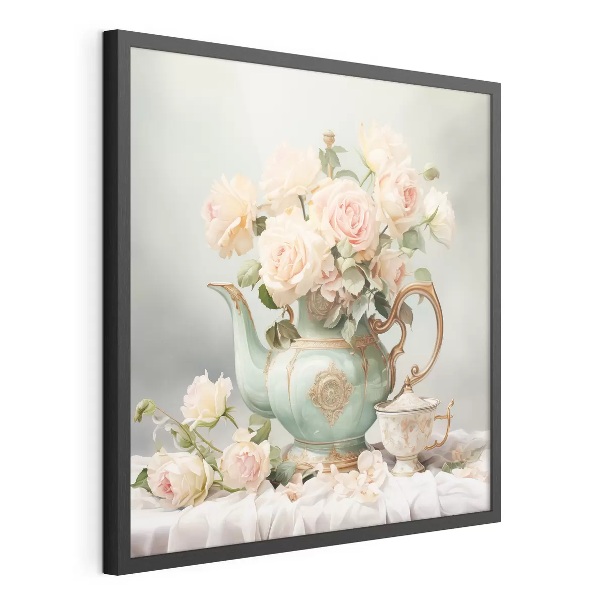 Poster Nature morte avec des roses délicates dans un service à thé f45045