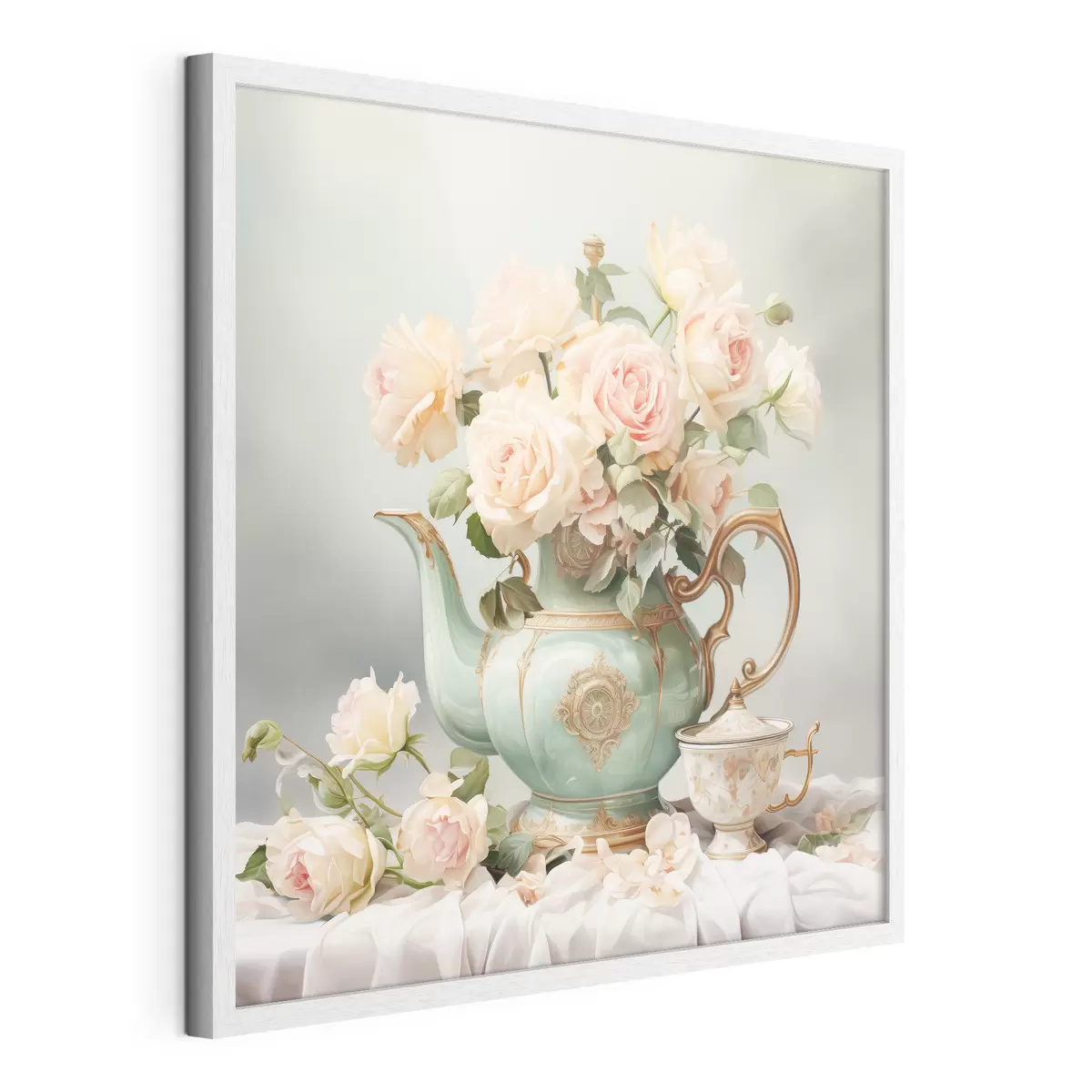 Poster Nature morte avec des roses délicates dans un service à thé f45045