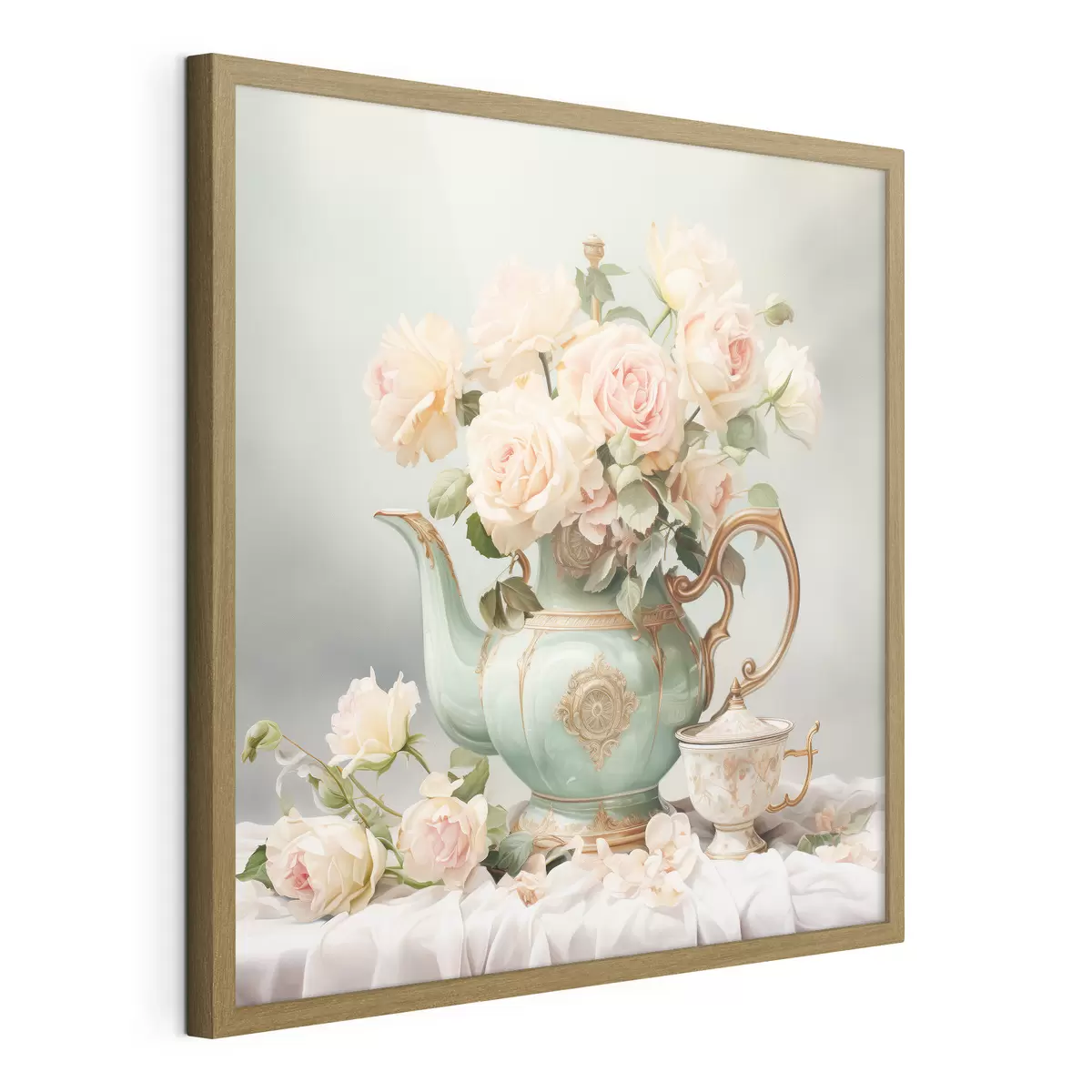 Poster Nature morte avec des roses délicates dans un service à thé f45045