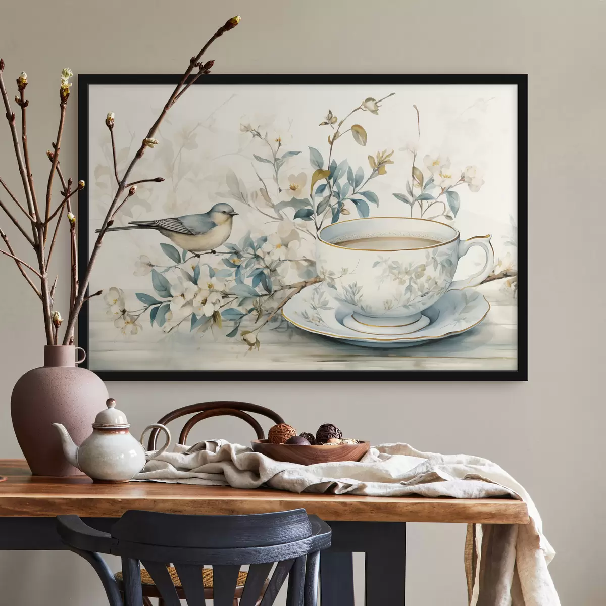 Poster Oiseau sur une branche avec des fleurs près d'une tasse dans des tons pastels f45047