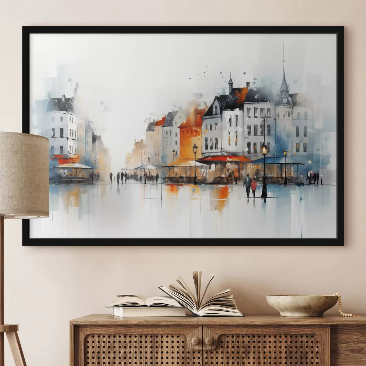 Poster Scène de rue avec des bâtiments et des personnes dans un style artistique f45050
