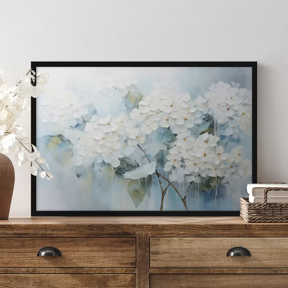 Poster Hortensias blancs en fleurs dans le style de la peinture à l'huile f45051