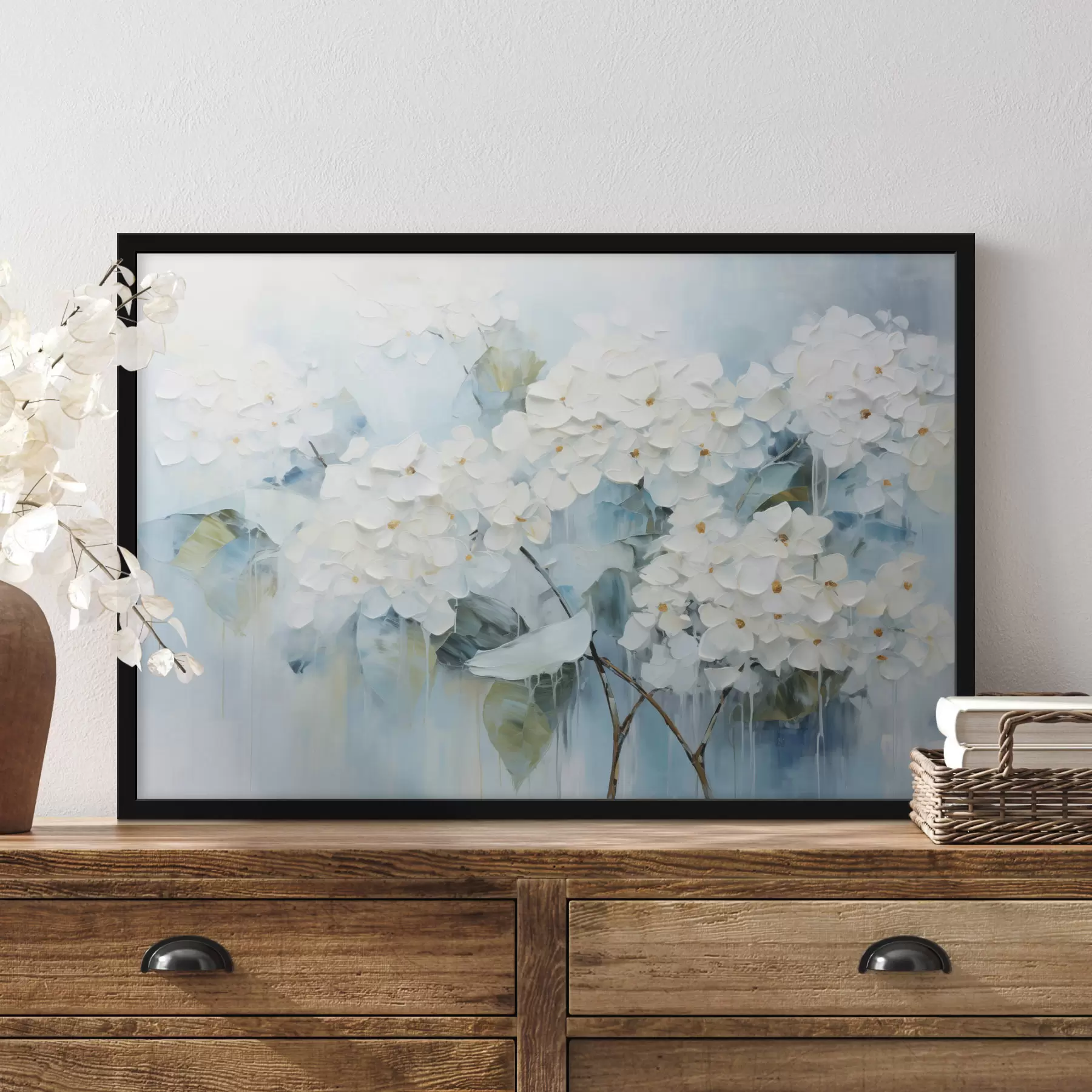 Papier peint Hortensias blancs en fleurs dans le style de la peinture à l'huile f45051