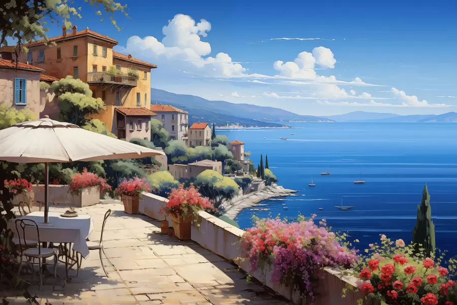 Papier peint Paysage méditerranéen avec terrasse fleurie dans un style artistique f45053
