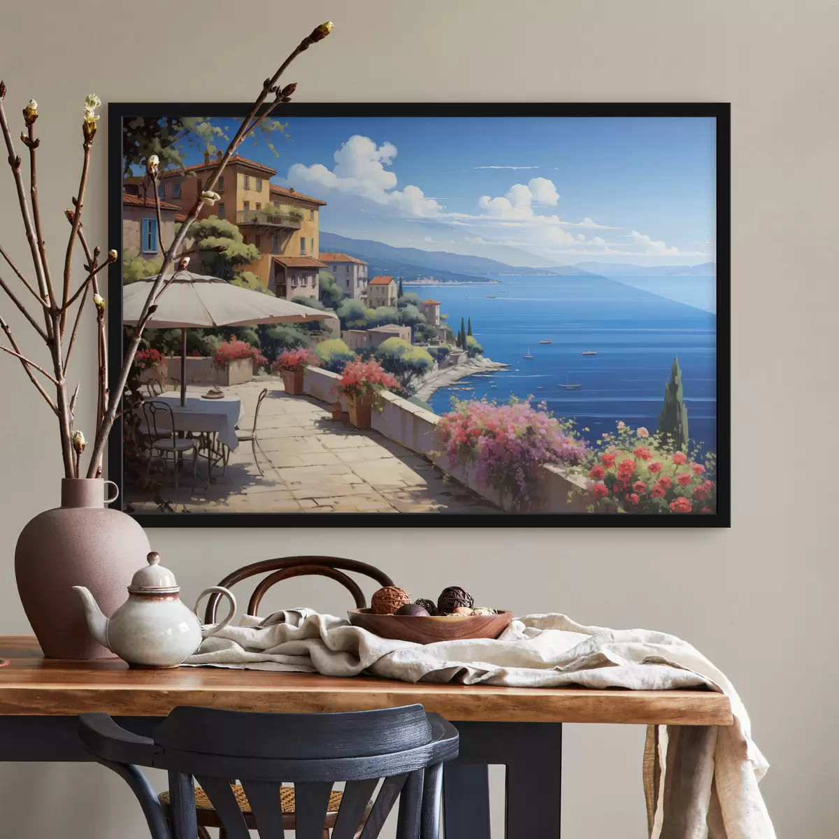 Poster Paysage méditerranéen avec terrasse fleurie dans un style artistique f45053