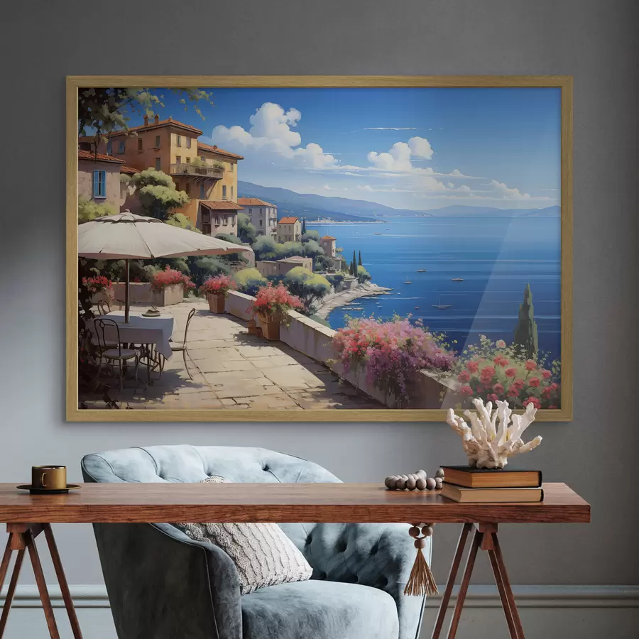 Papier peint Paysage méditerranéen avec terrasse fleurie dans un style artistique f45053