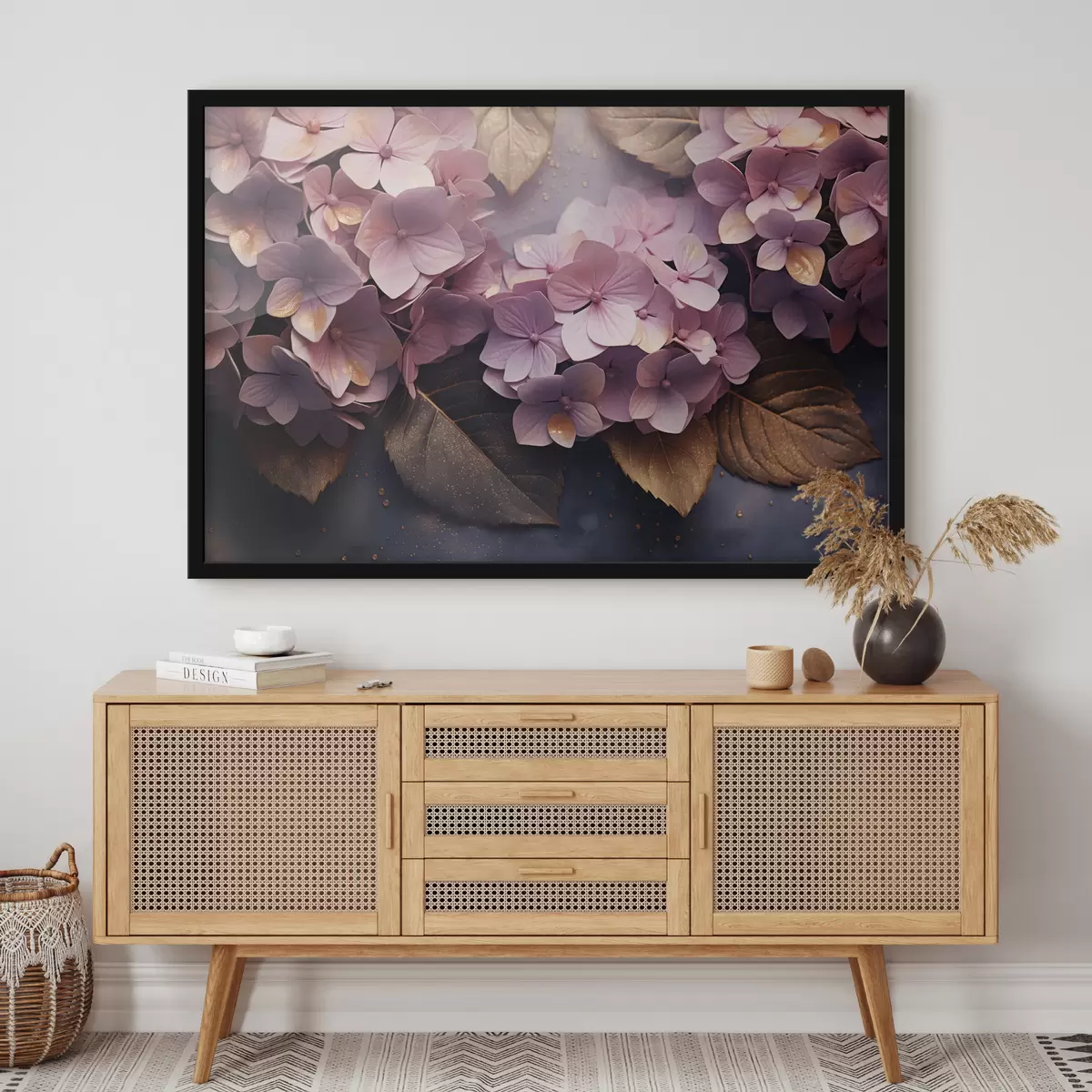 Poster Hortensias roses luxuriants sur un fond sombre dans un style pictural f45054
