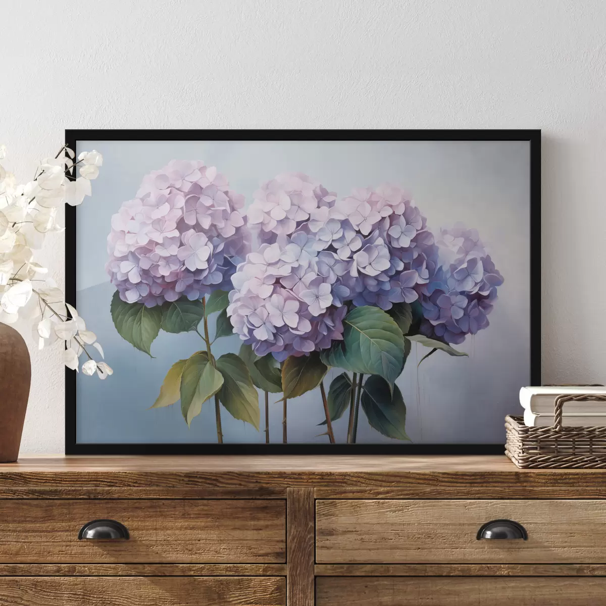 Poster Hortensias roses et lilas dans un style pictural f45055