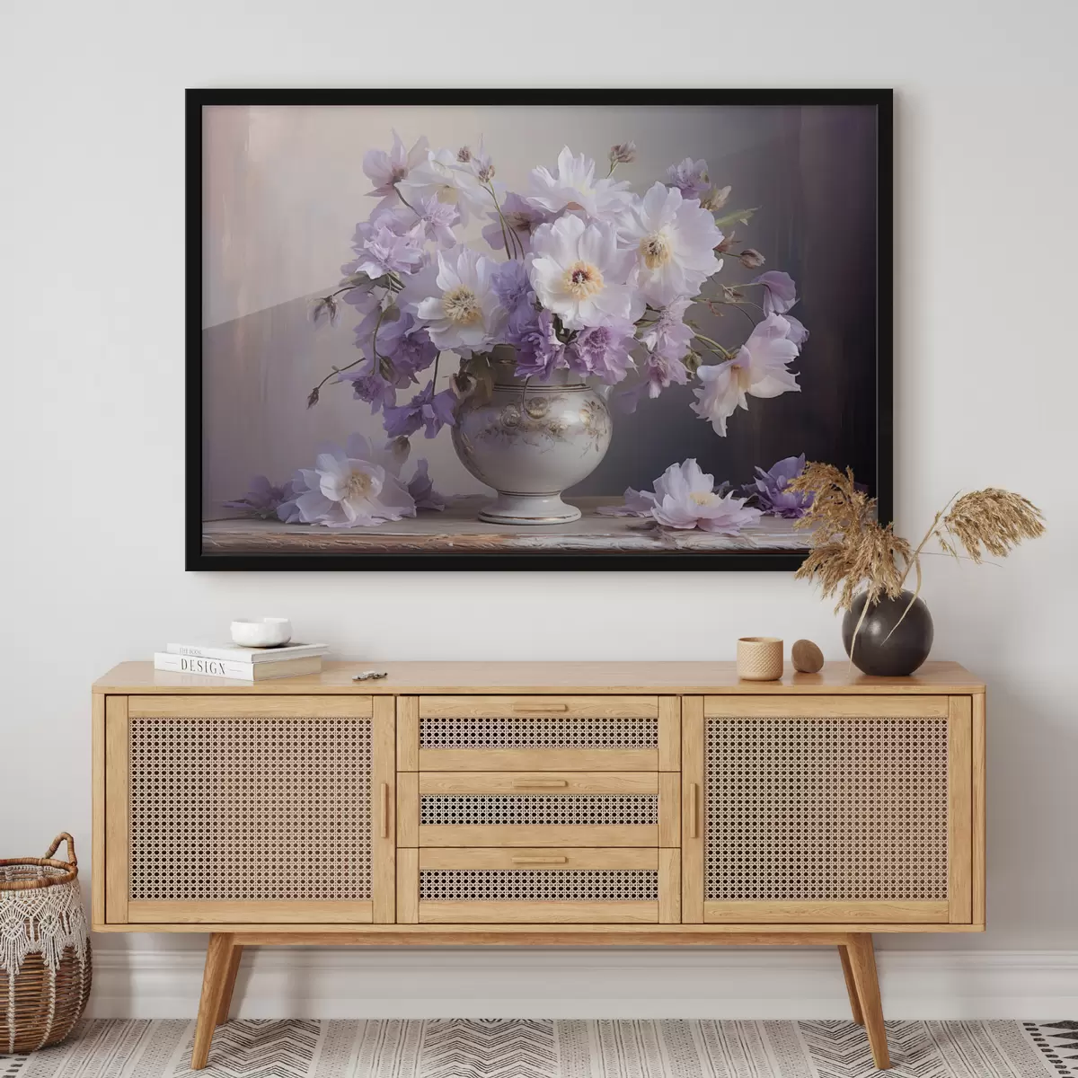 Poster Nature morte florale : fleurs blanches et violettes dans un style artistique f45058