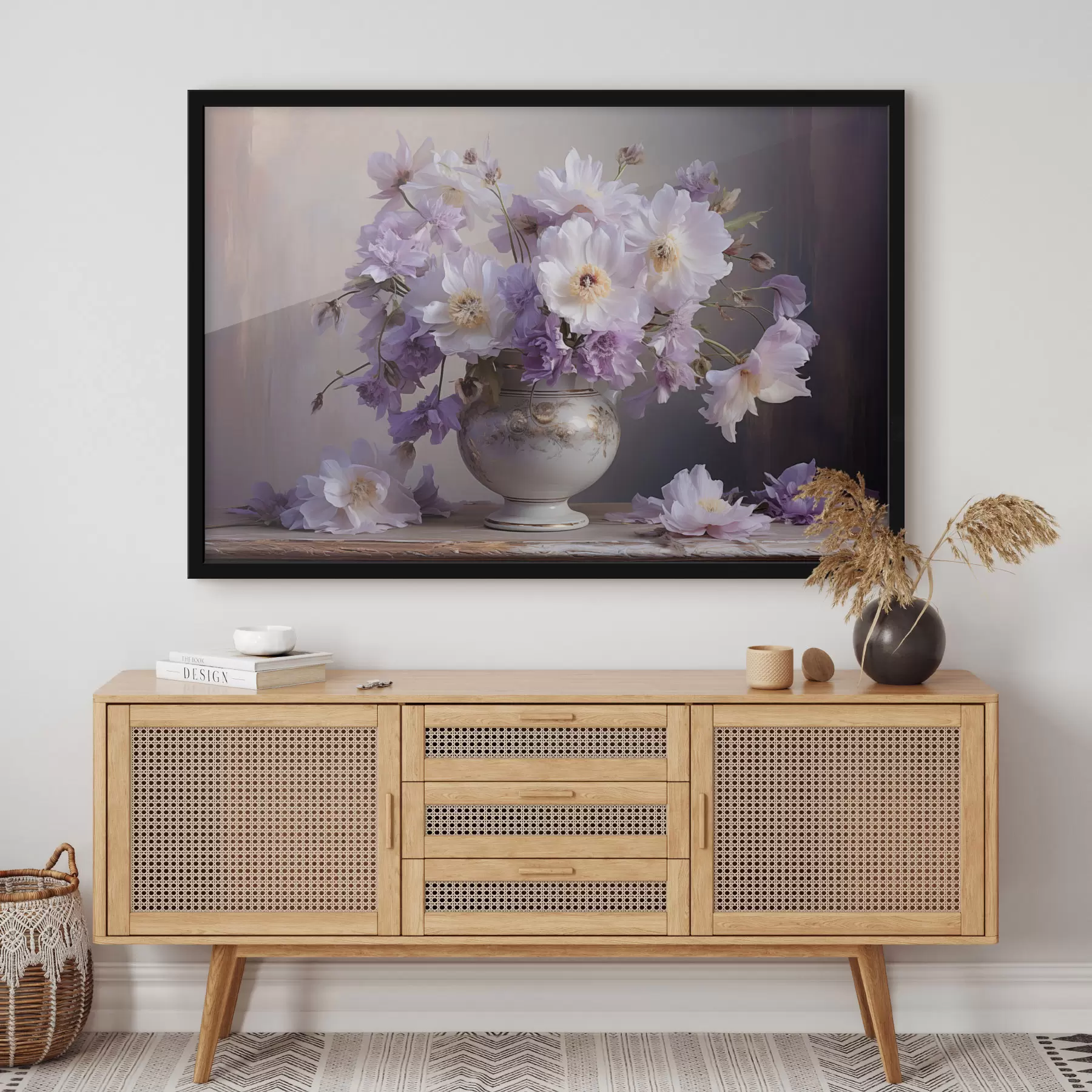 Papier peint Nature morte florale : fleurs blanches et violettes dans un style artistique f45058
