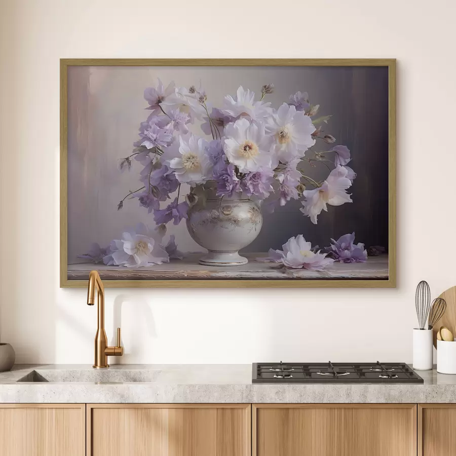 Papier peint Nature morte florale : fleurs blanches et violettes dans un style artistique f45058
