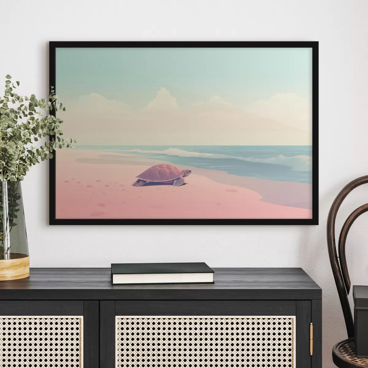 Poster Tortue de mer sur une plage rose : paysage minimaliste f45059