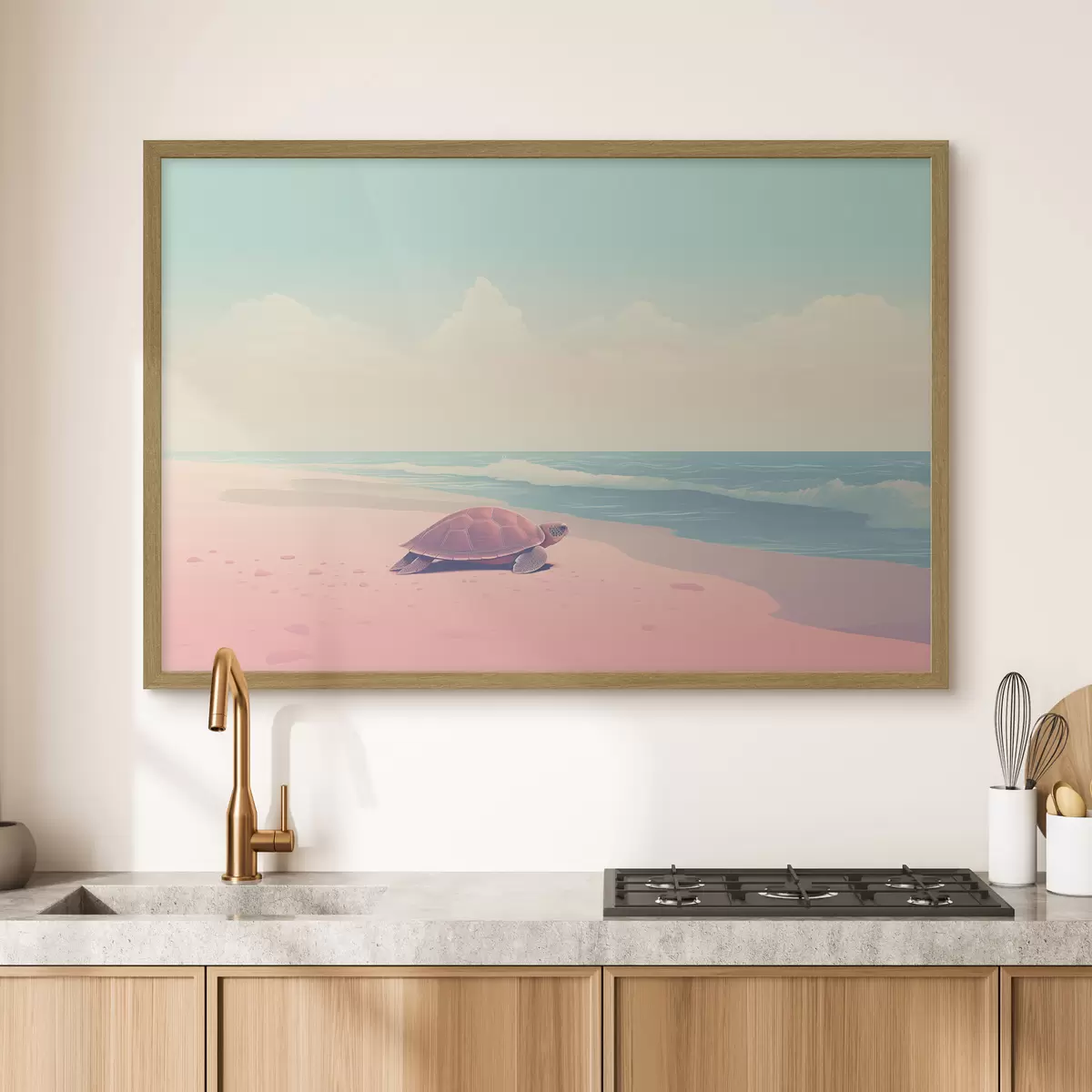 Poster Tortue de mer sur une plage rose : paysage minimaliste f45059