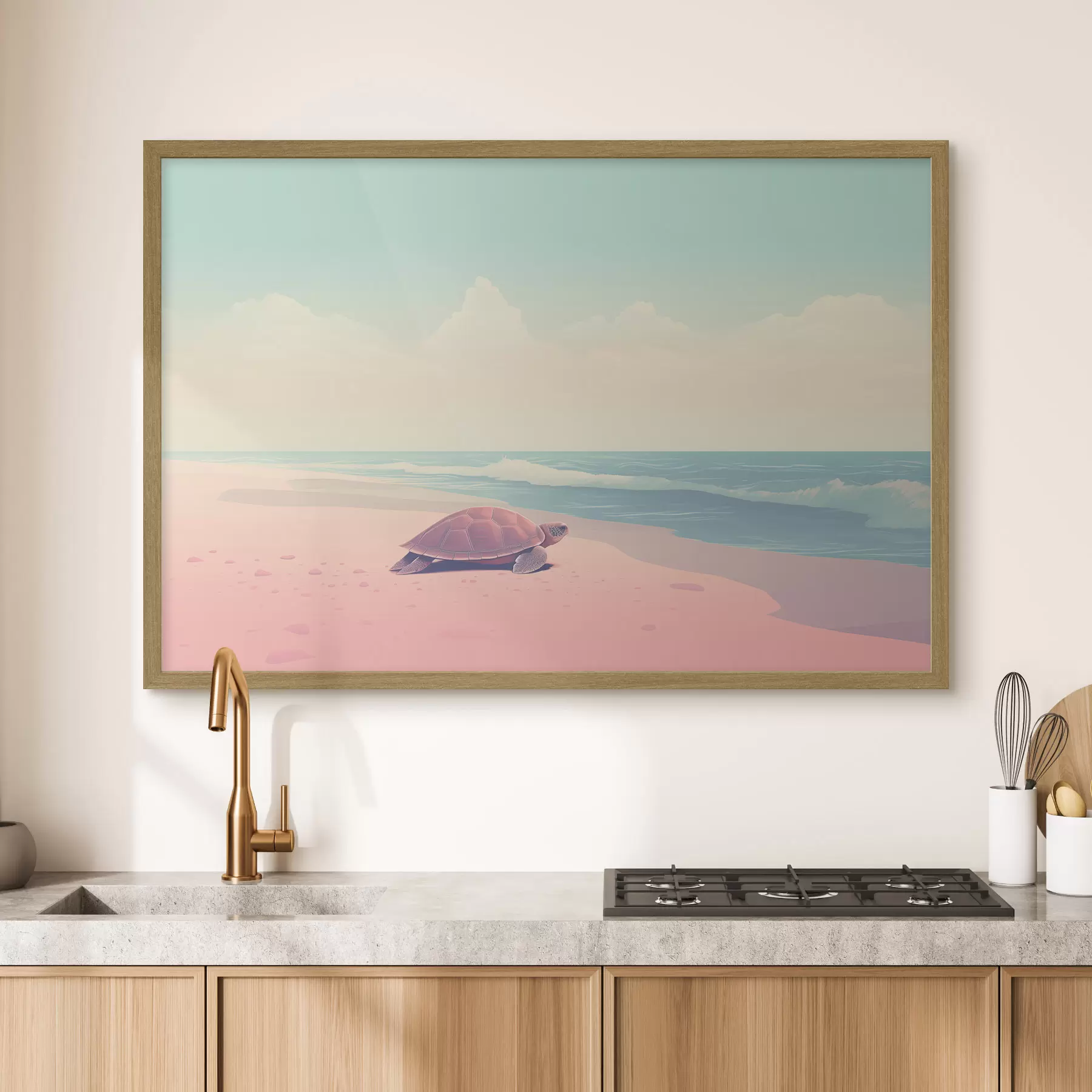 Papier peint Tortue de mer sur une plage rose : paysage minimaliste f45059
