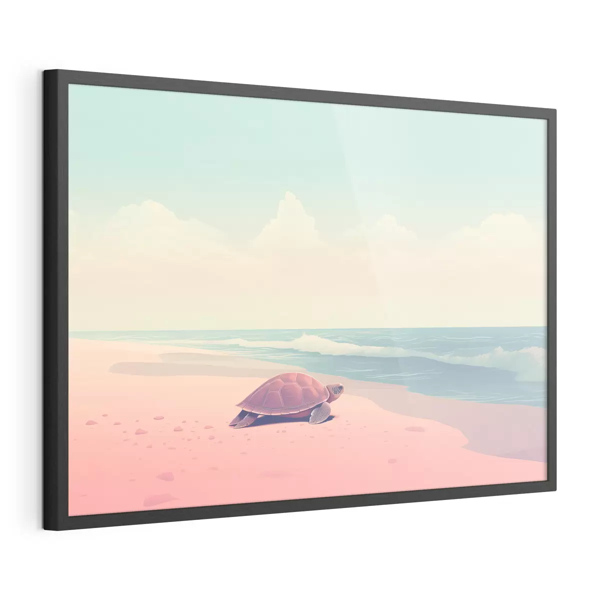 Poster Tortue de mer sur une plage rose : paysage minimaliste f45059