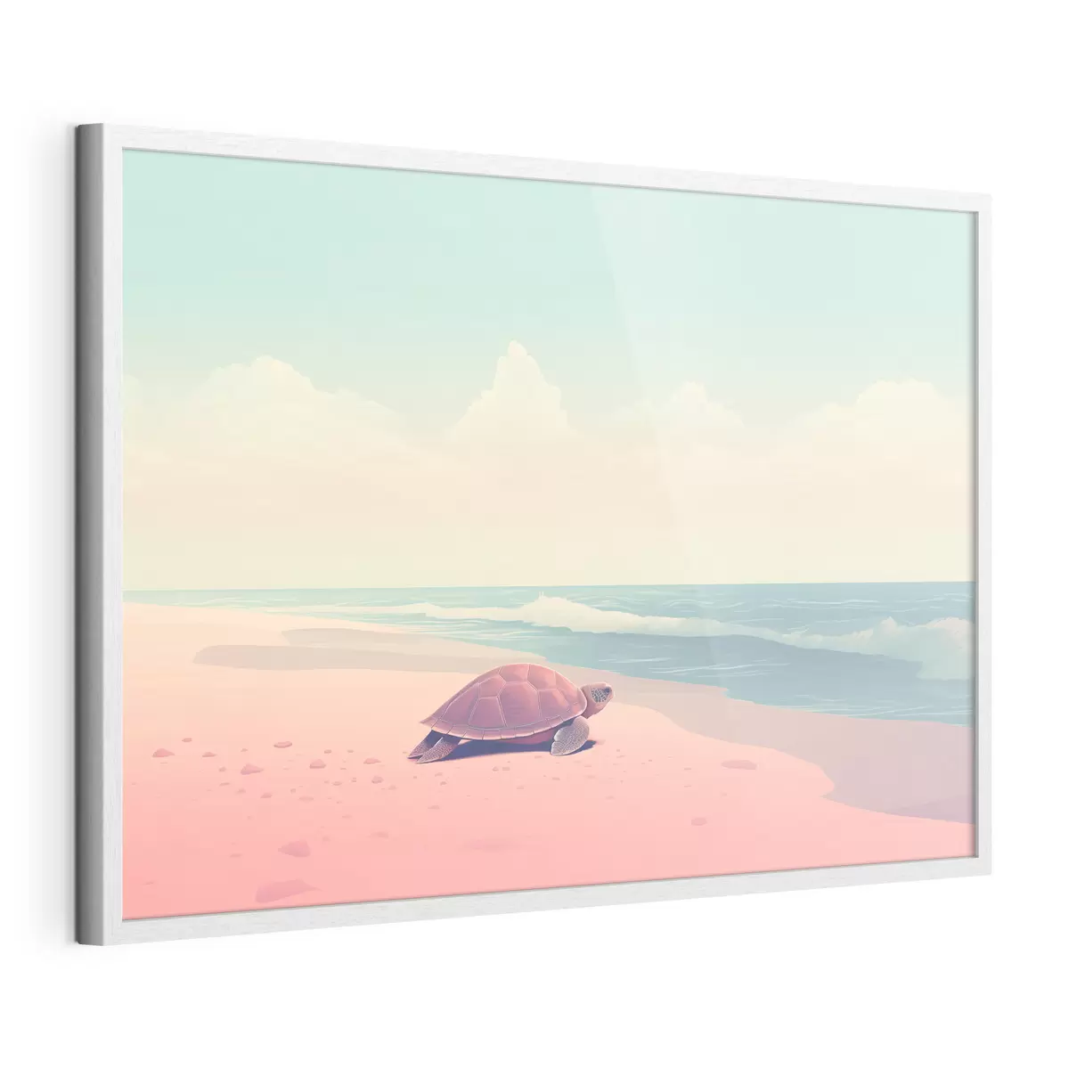 Poster Tortue de mer sur une plage rose : paysage minimaliste f45059