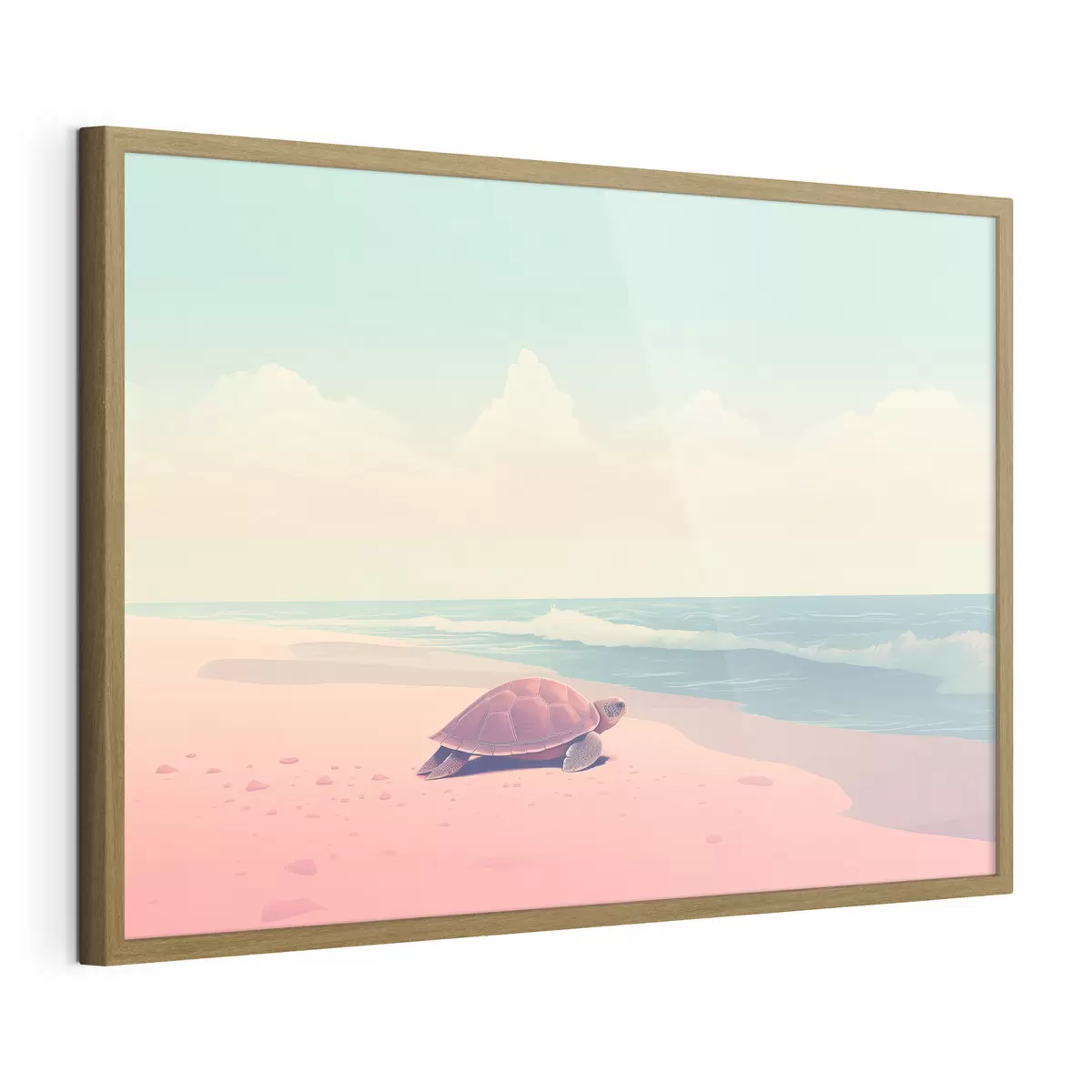 Poster Tortue de mer sur une plage rose : paysage minimaliste f45059