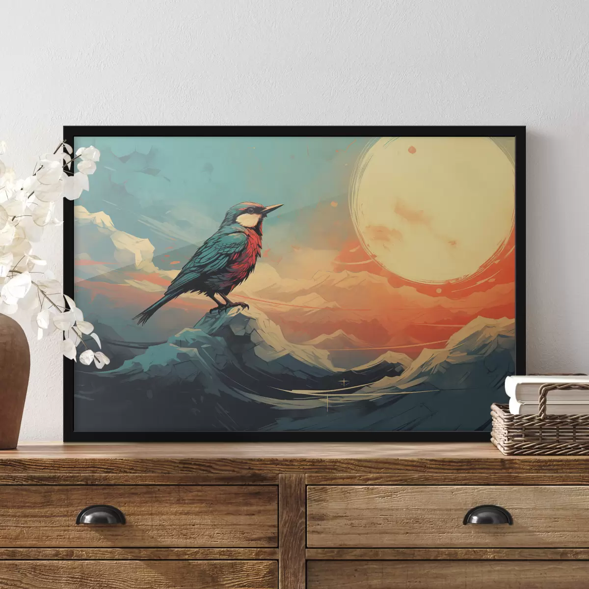 Poster Paysage artistique avec oiseau et ciel vibrant f45060