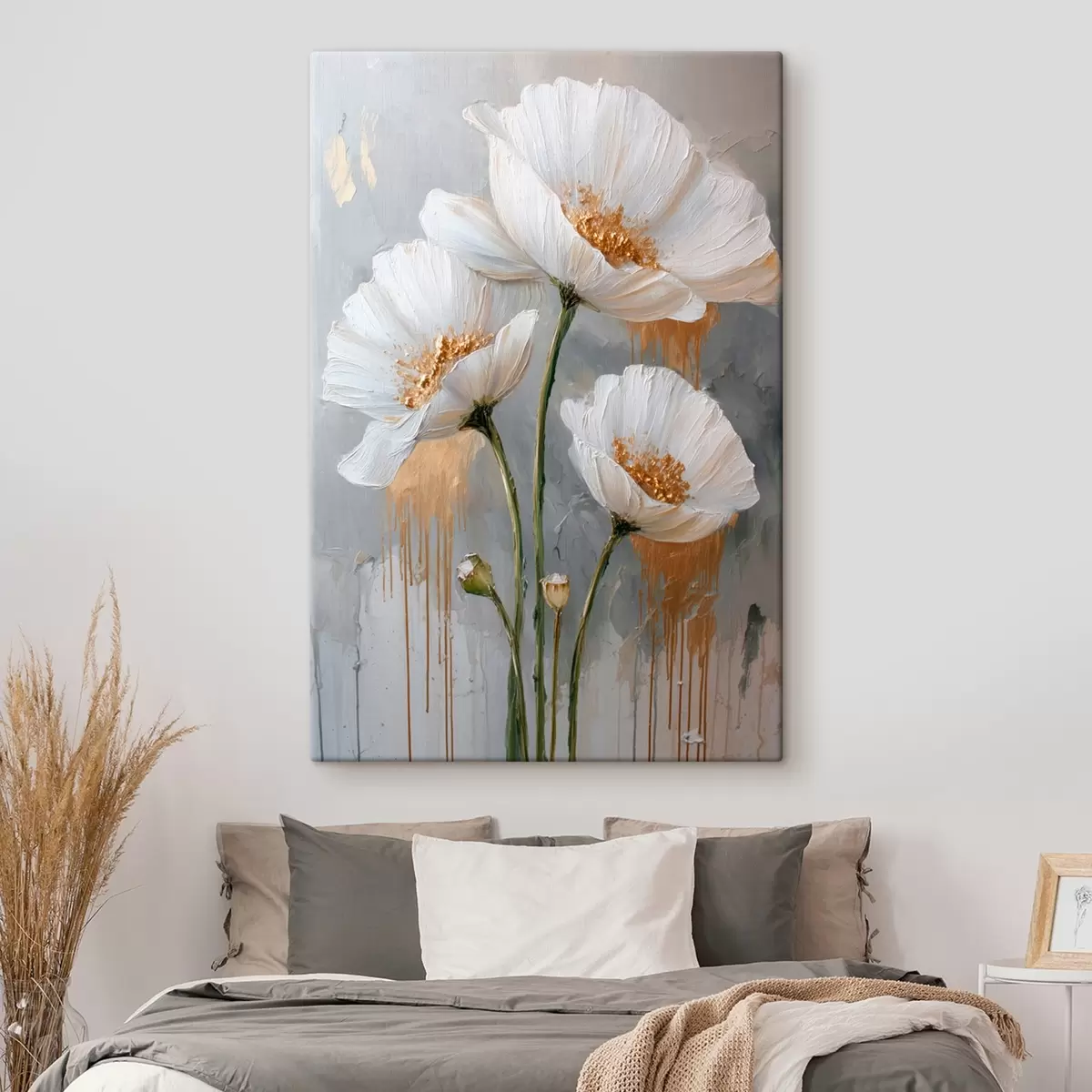 Tableau Marguerites blanches : peinture volumétrique sur fond bleu s45240