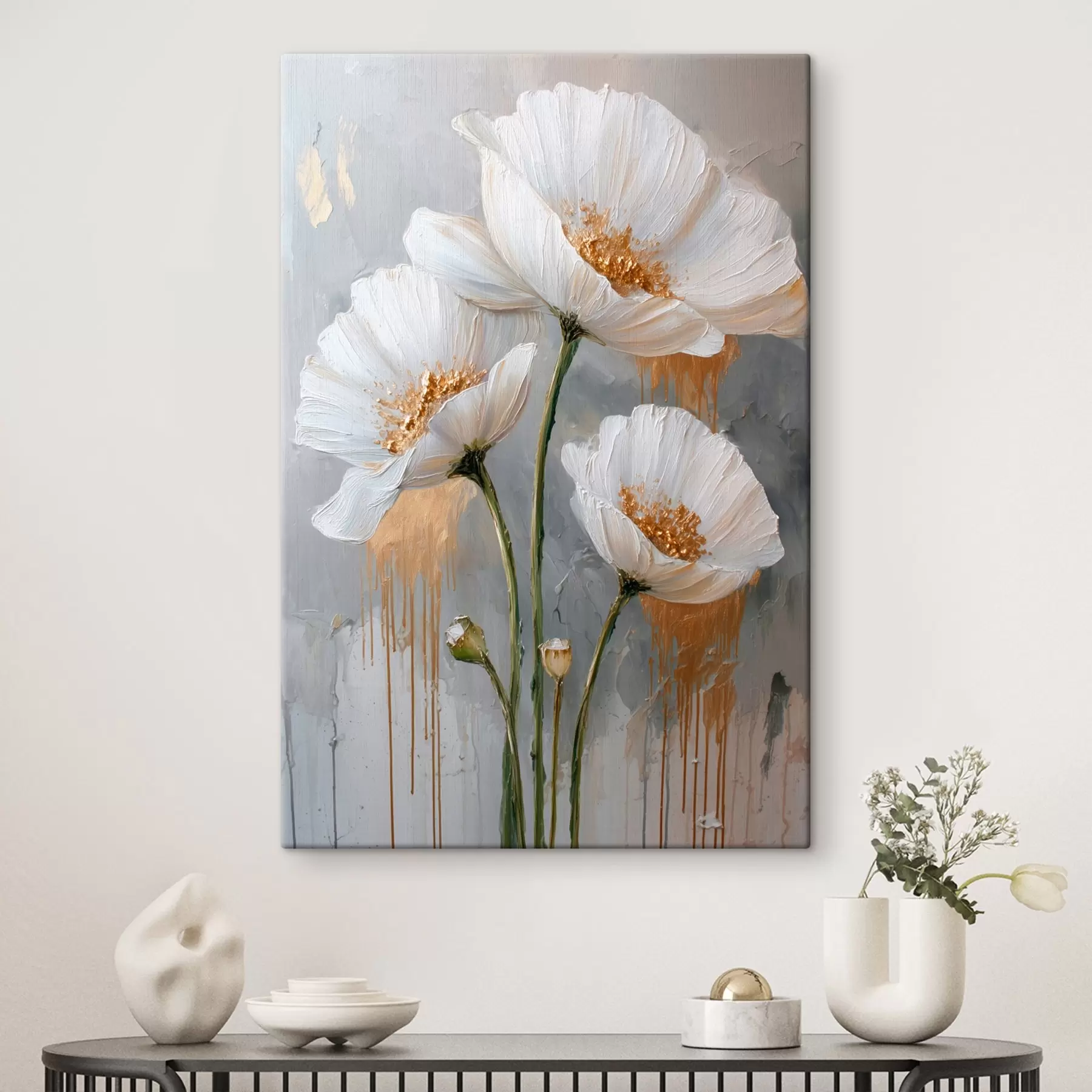 Tableau Marguerites blanches : peinture volumétrique sur fond bleu s45240