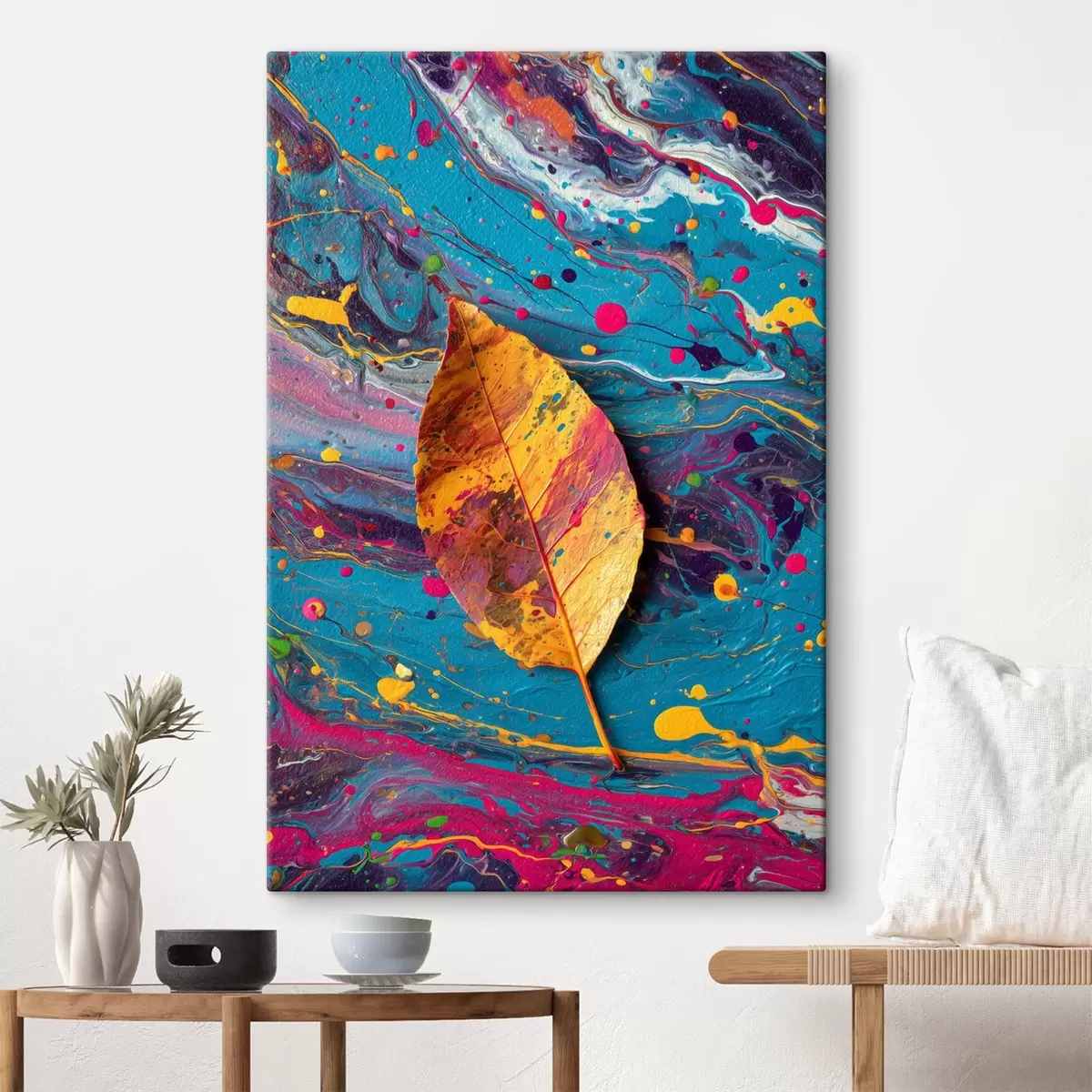 Tableau Feuille lumineuse sur fond coloré : composition abstraite s45245