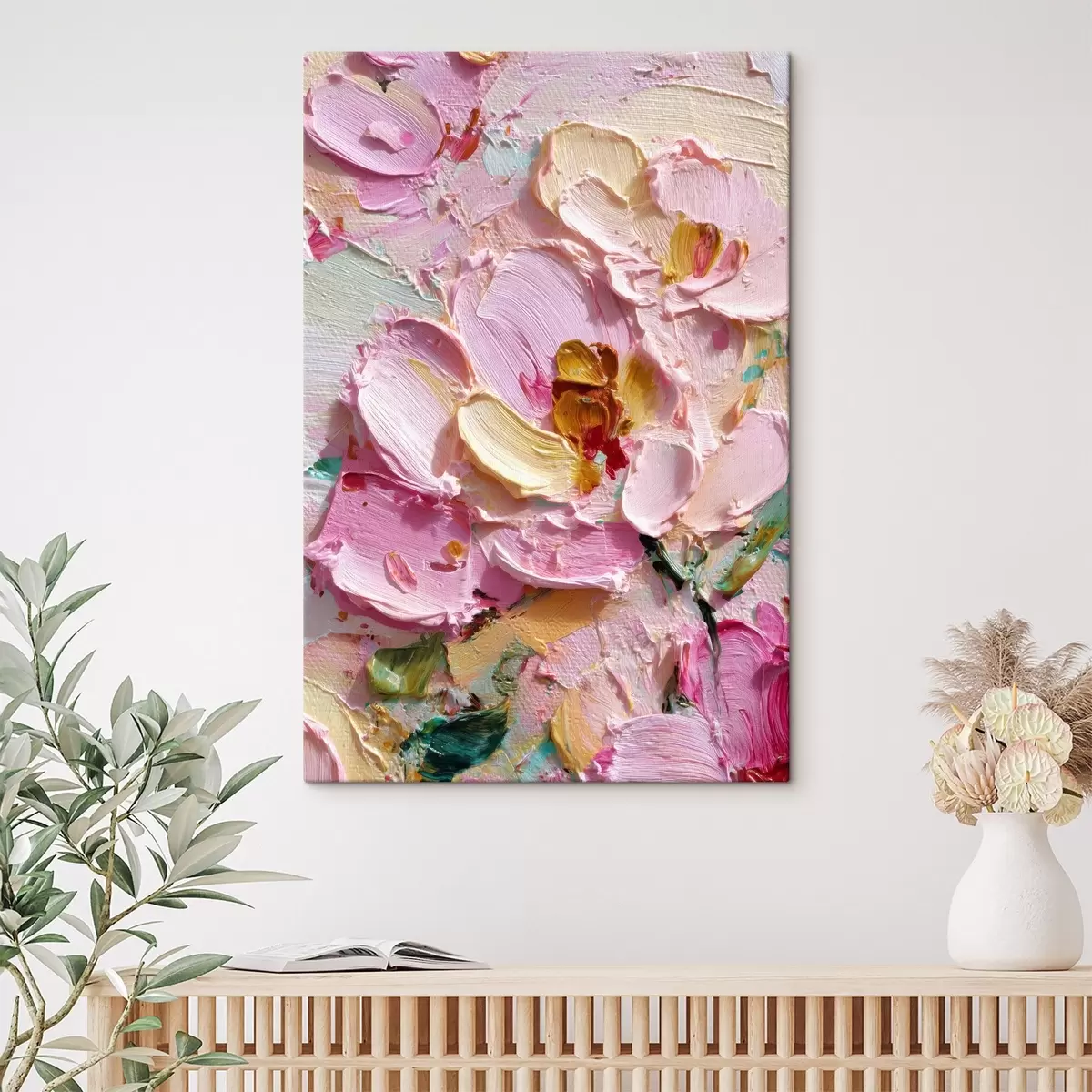 Tableau Magnolias roses : peinture texturée avec des traits dimensionnels s45249